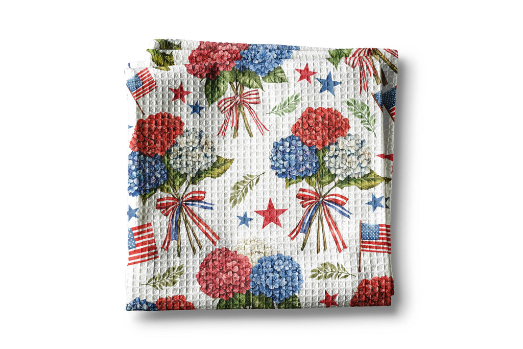 Hydrangea July 4 Patriotic Red White Blue Flag Kitchen Towel