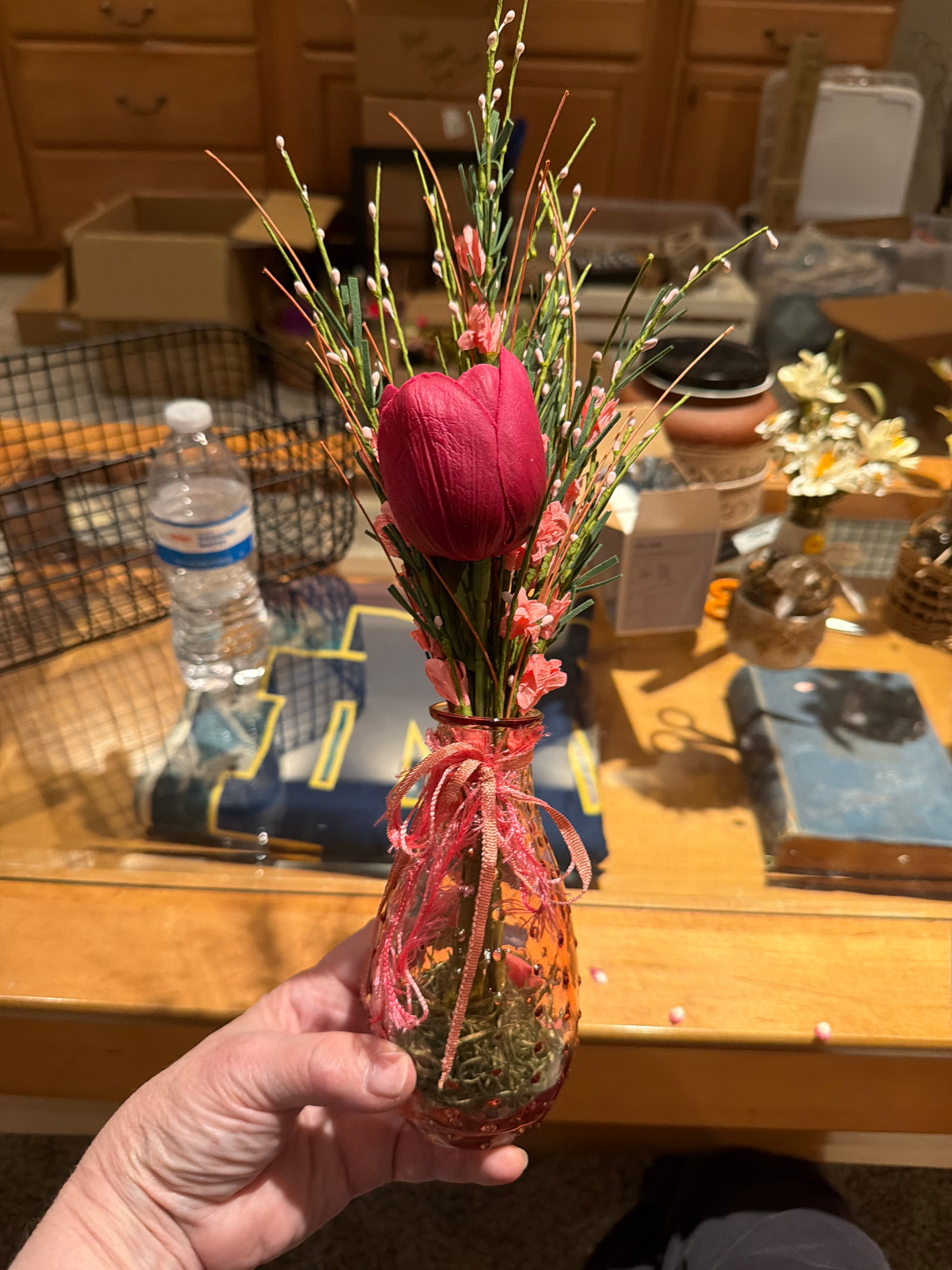 Shabby-Chic pink tulip in pink hobnail vase