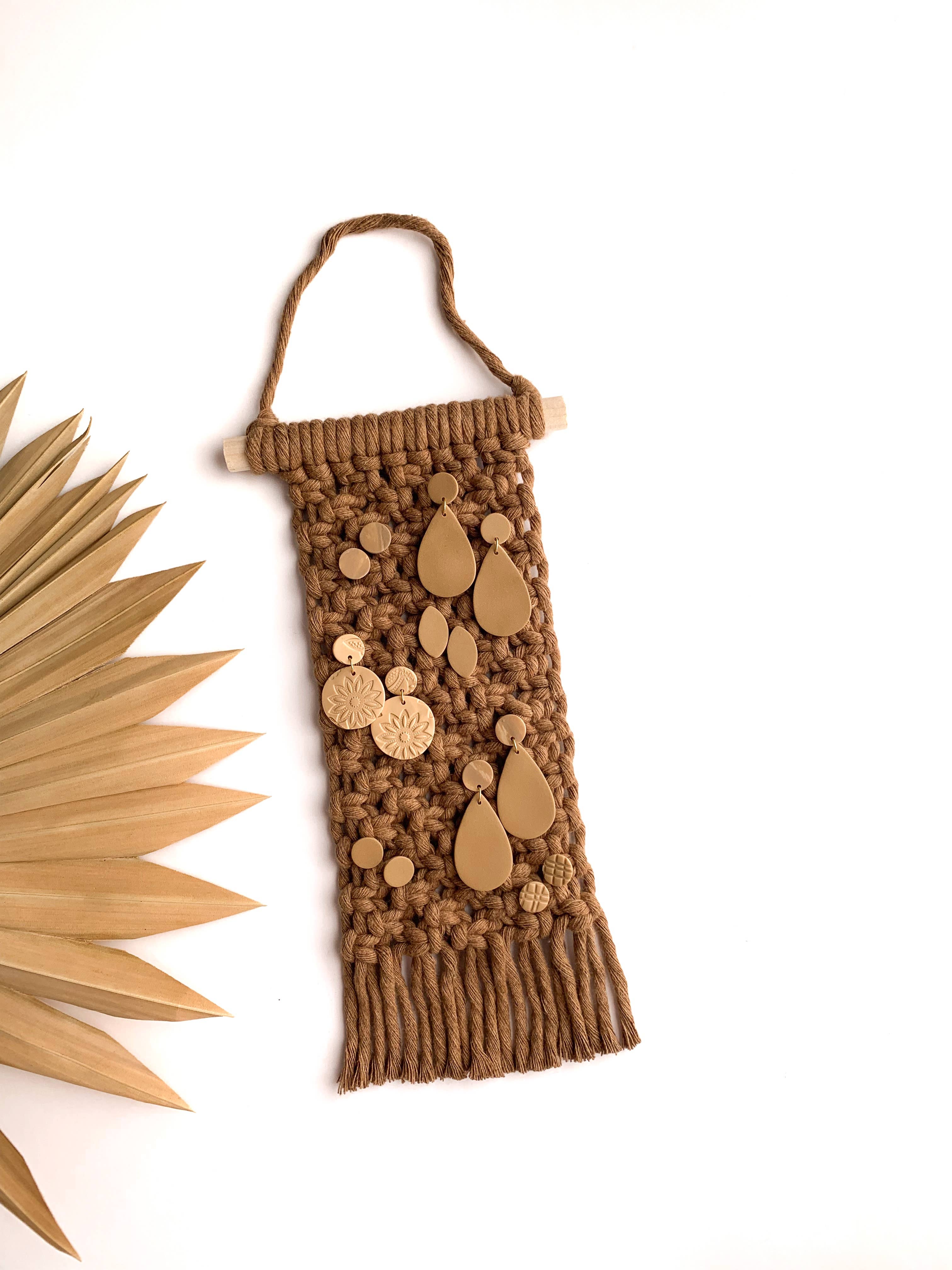 Latte Macrame Earring Holder | Boho Wall Hanging Jewelry Organizer