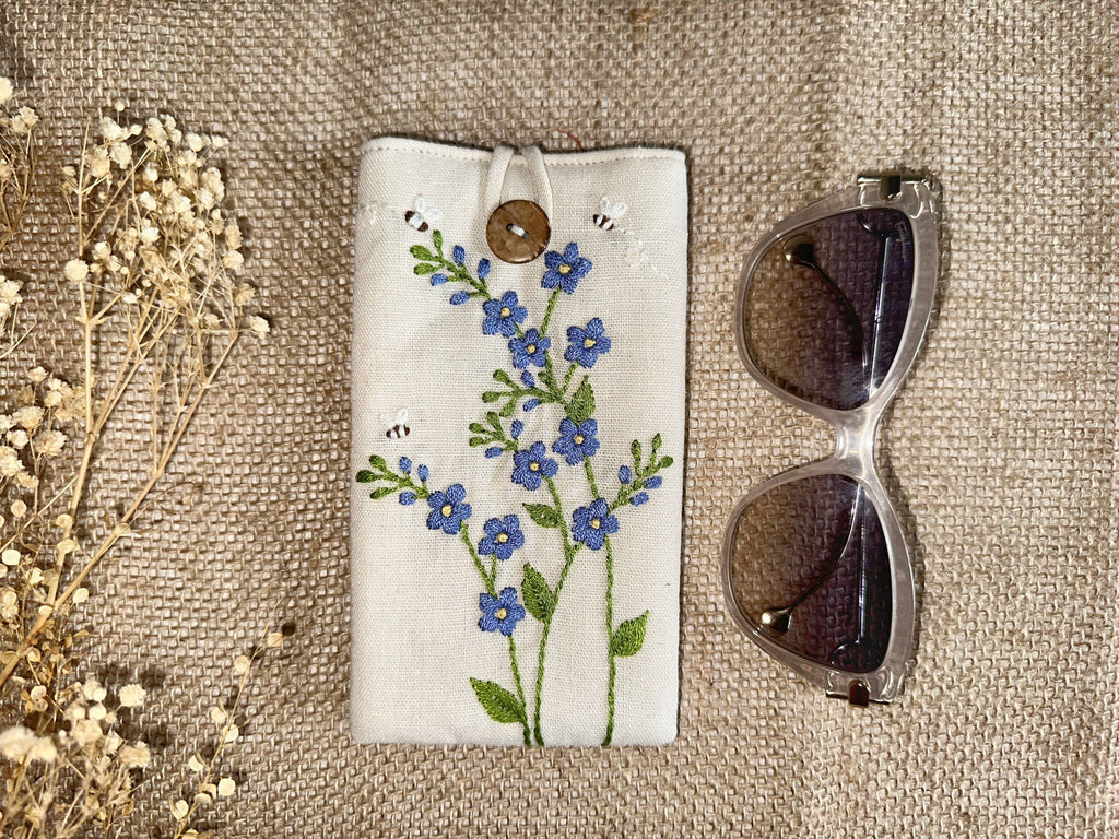 Flower Embroidered Soft Linen Padded Glasses Case✅