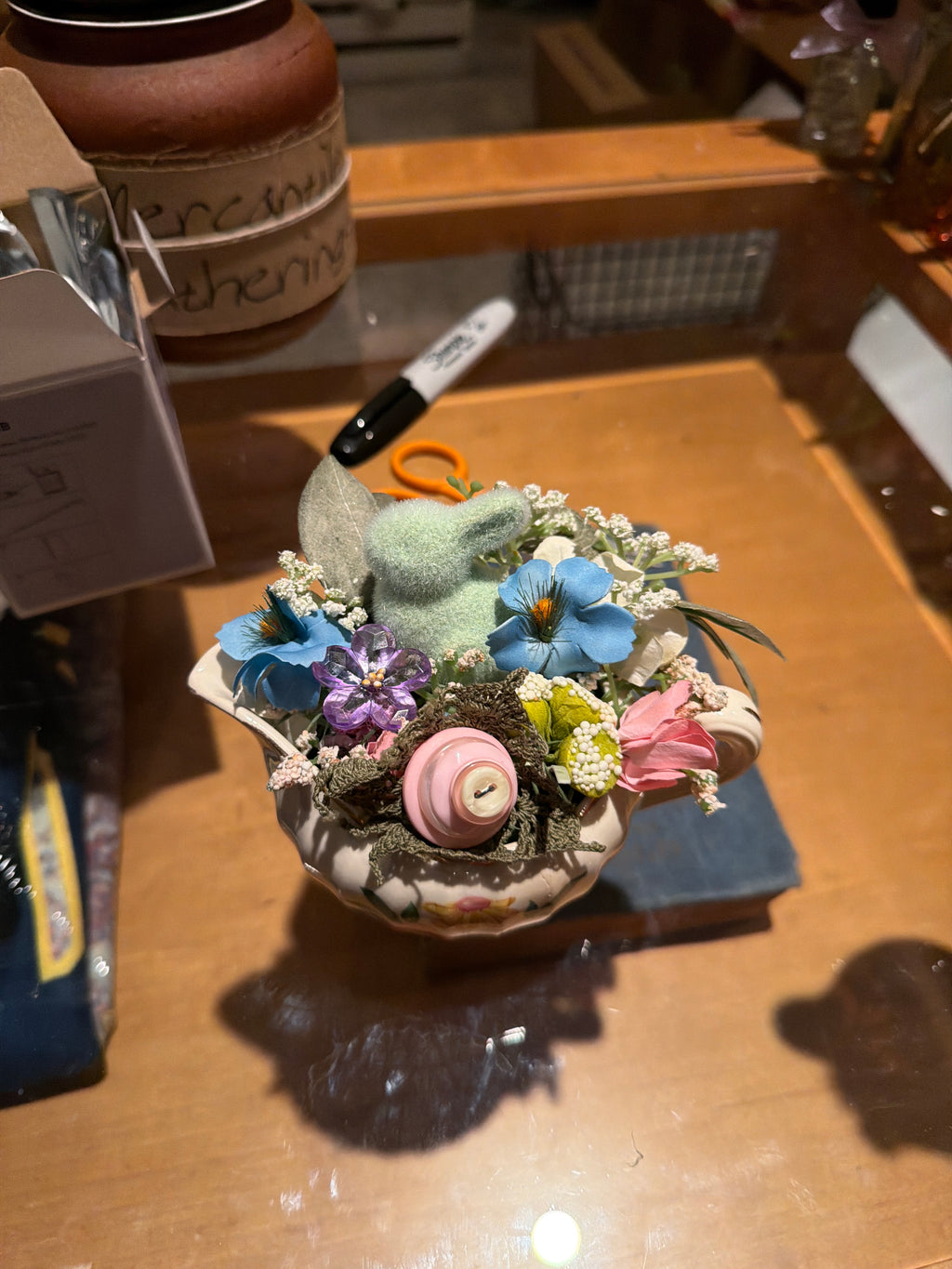 Floral creamer with mint green bunny