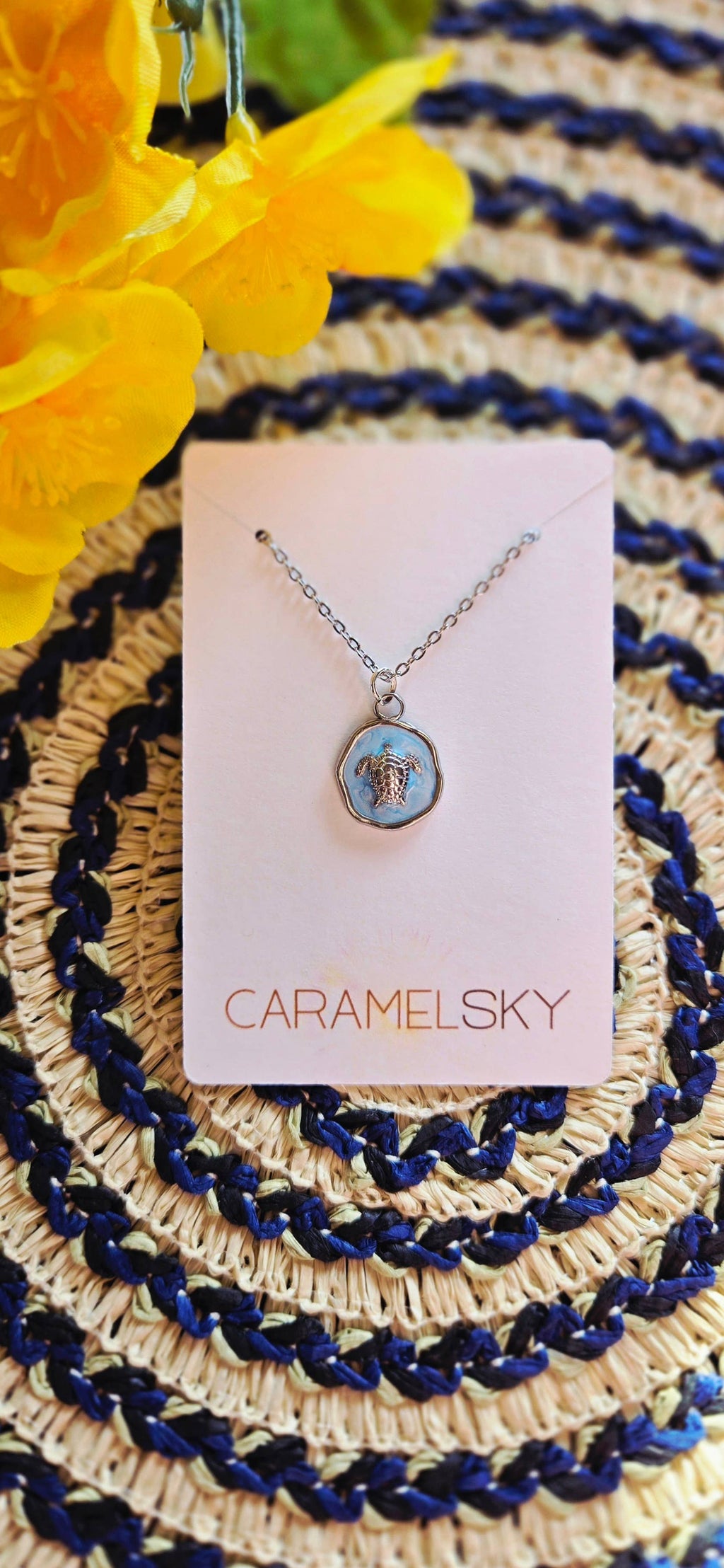 Blue Sea Turtle Necklace, Stainless Steel Beach Pendant