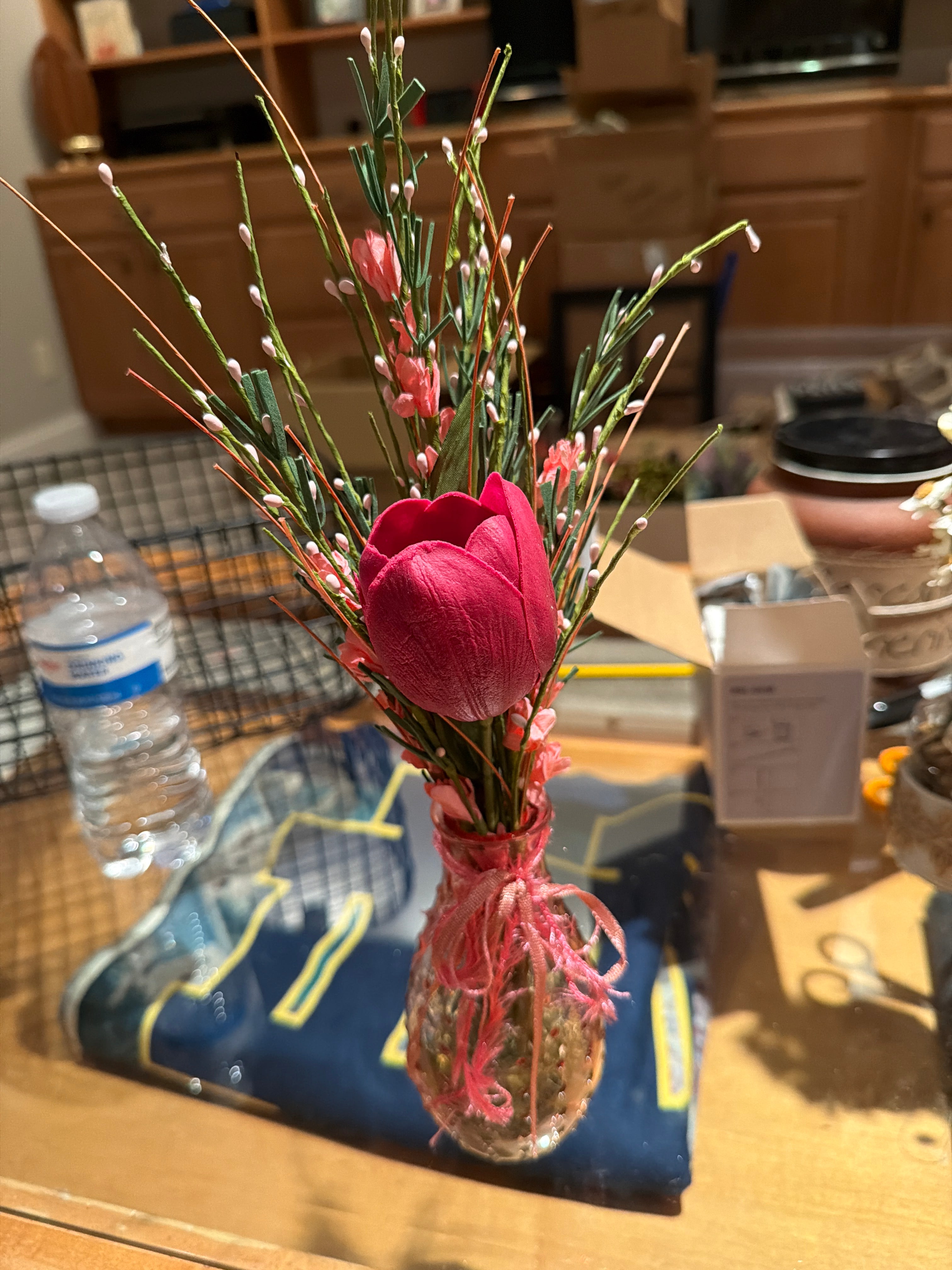 Shabby-Chic pink tulip in pink hobnail vase