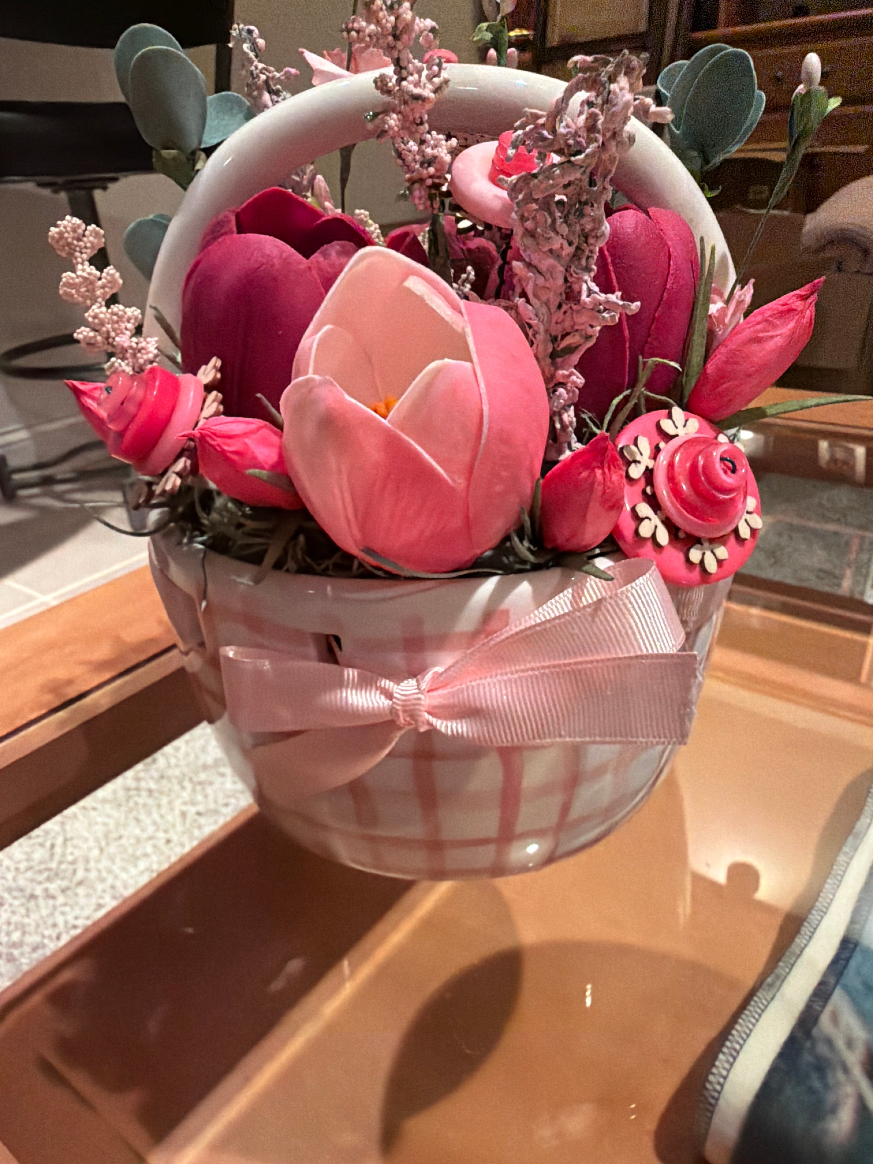 Ceramic Gingham Easter Basket Planter | Pink Tulip & Button Flower Arrangement