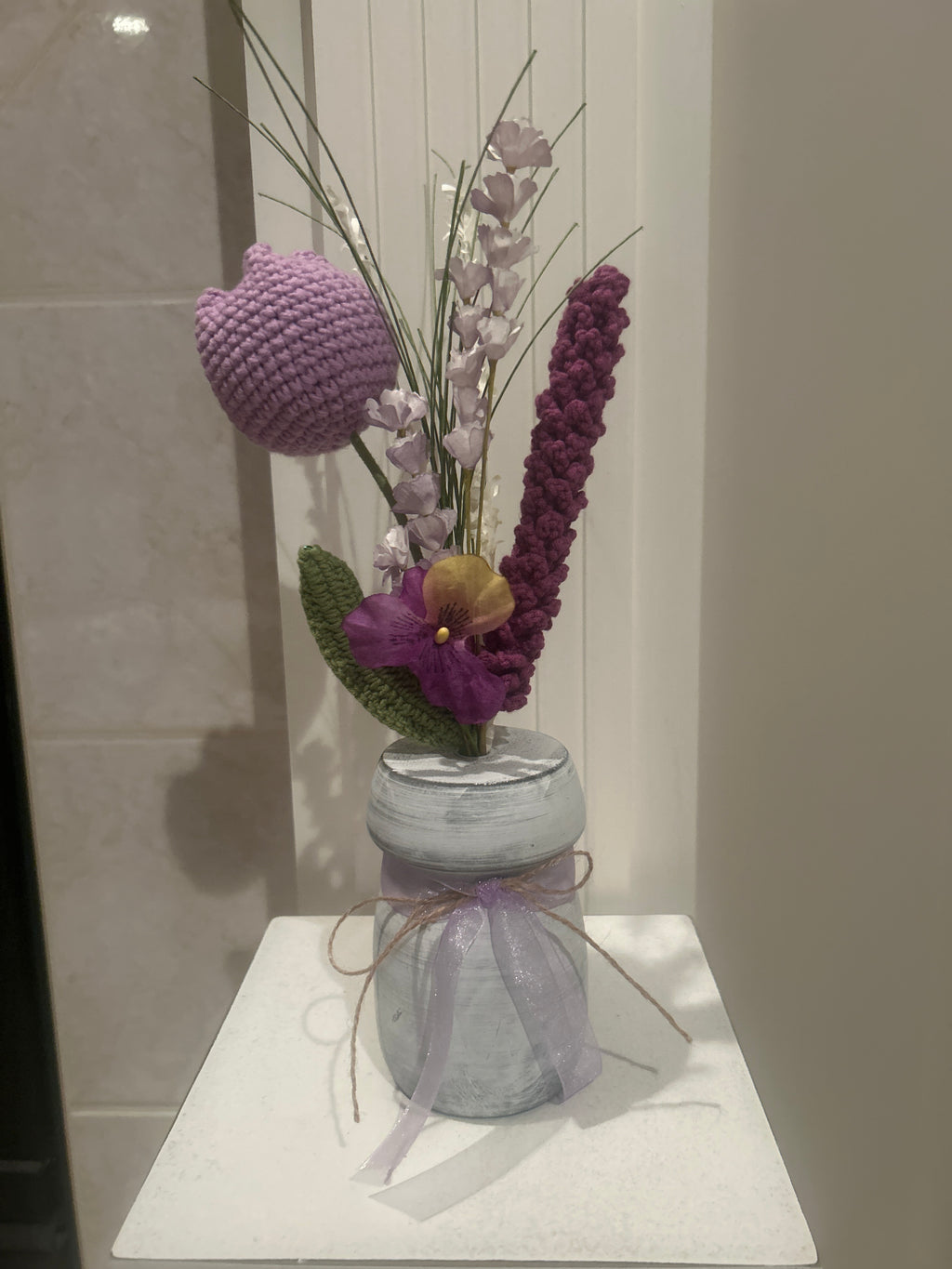 Flower arrangement with Crochet Flowers - purple