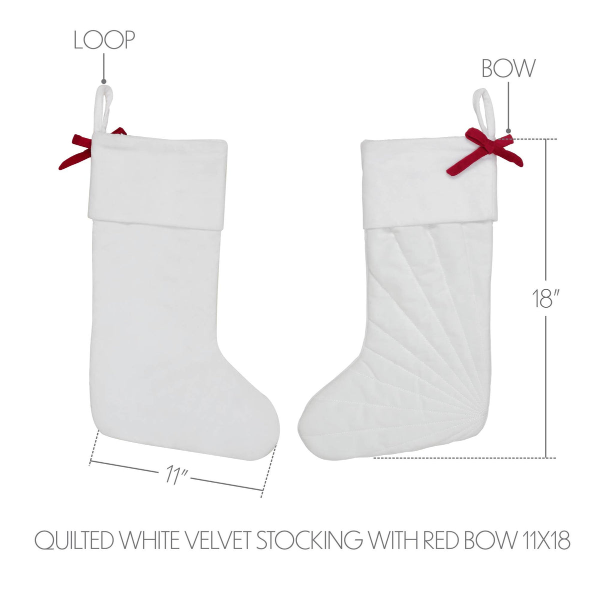 Quilted White Velvet Stocking with Red Bow 11x18