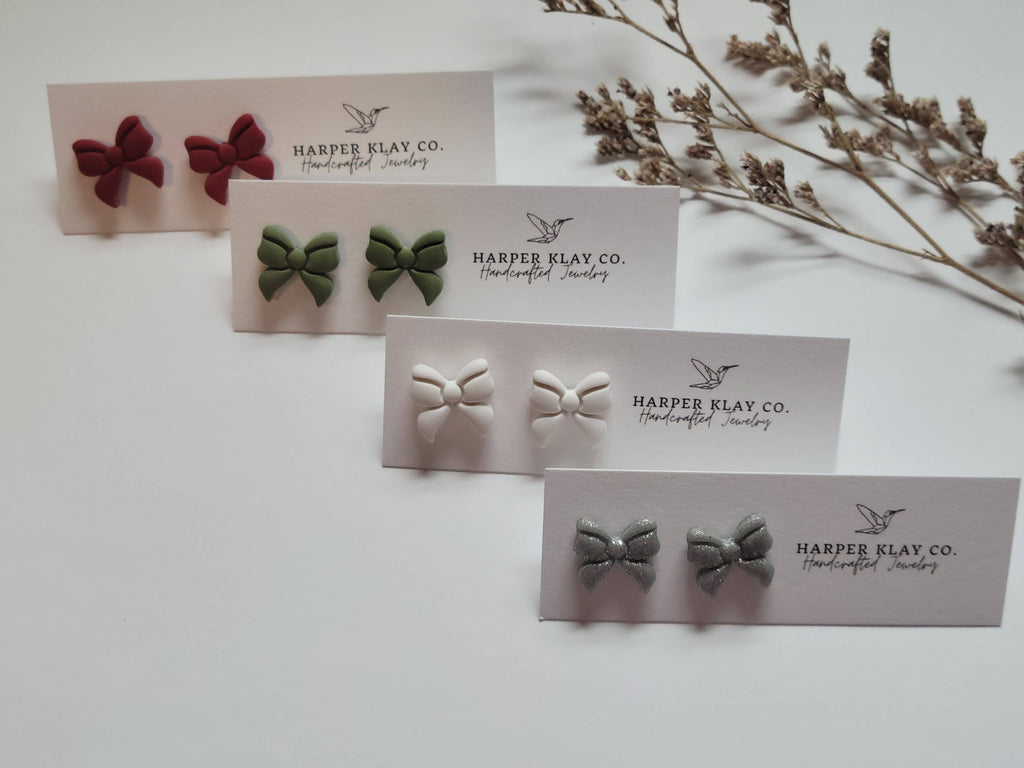 The Bow Studs- Christmas Polymer Clay Earrings - Red