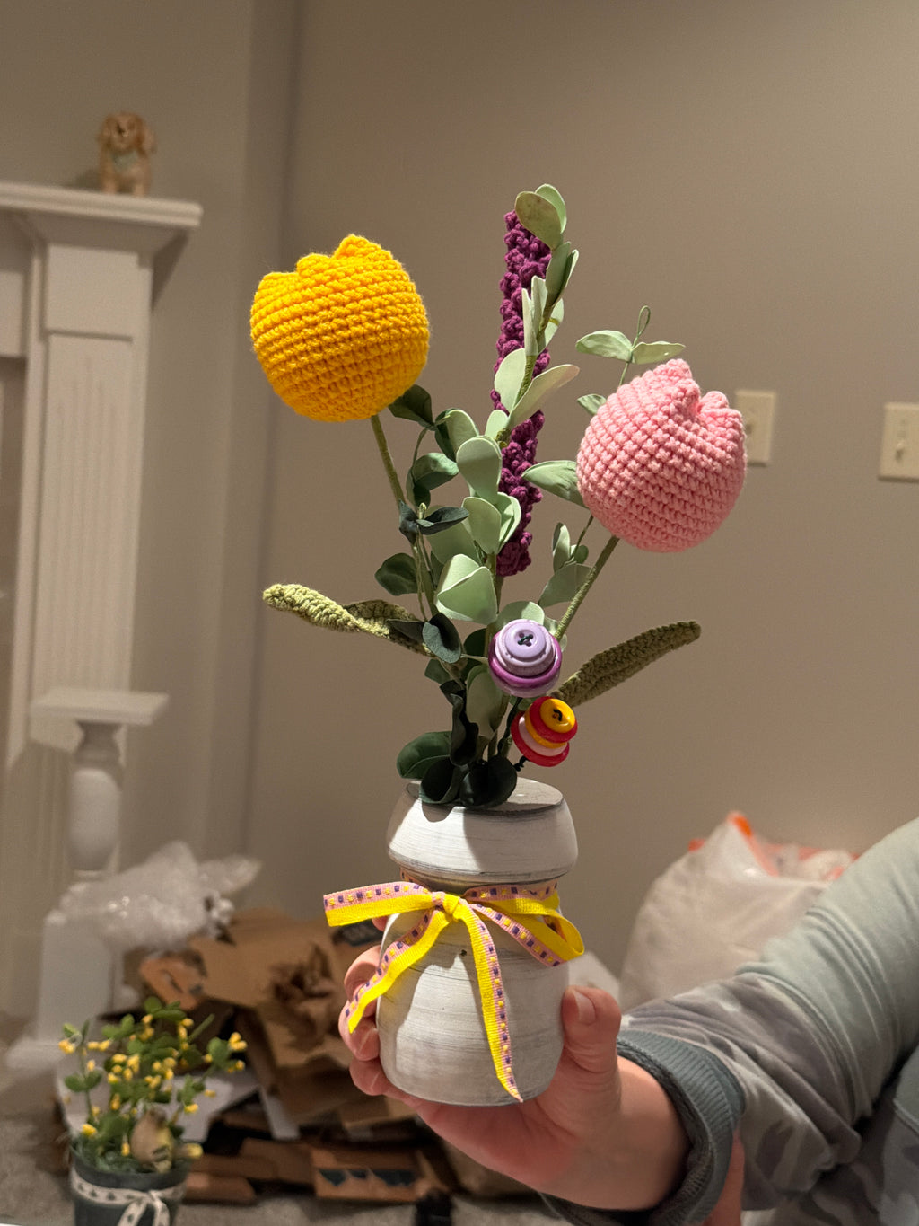 Flower arrangement with Crochet Flowers - Pink and Yellow