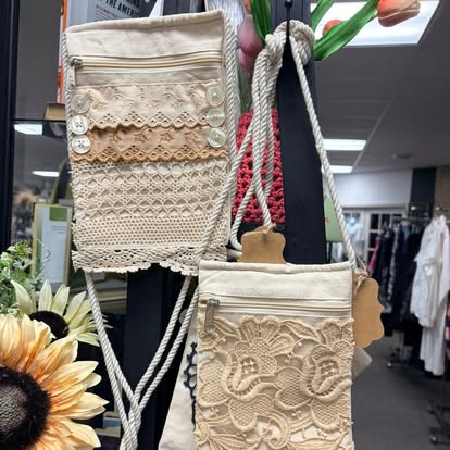 Cross Body Purses with hand sewn doily decor - with buttons