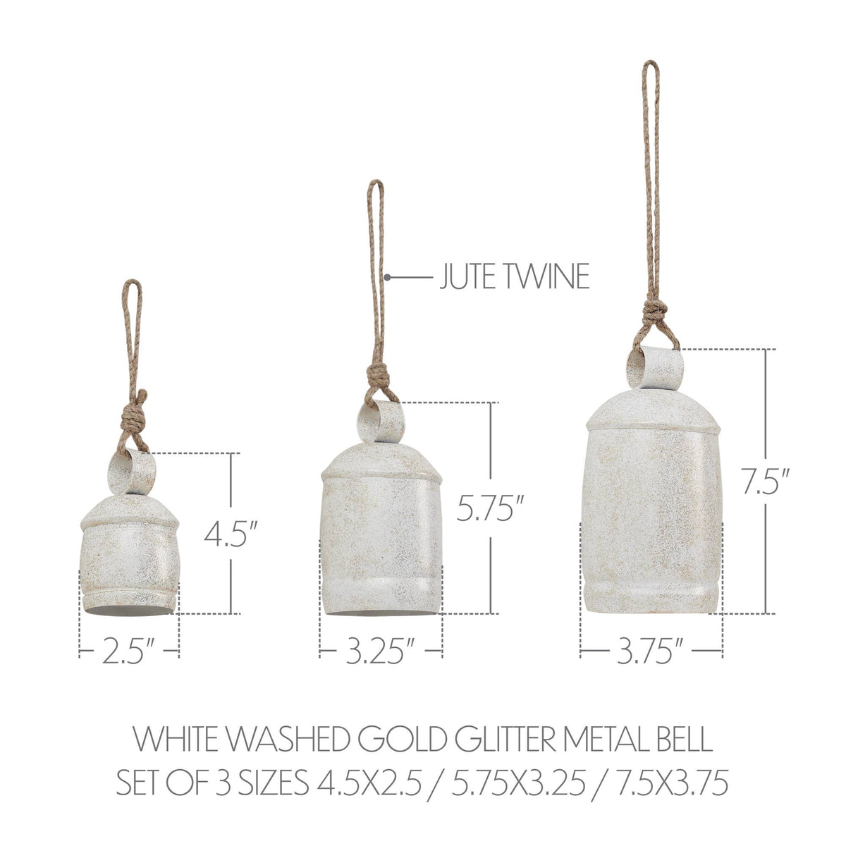 White Washed Gold Glitter Metal Bell Set of 3 - 4.5/5.75/7.5 inch