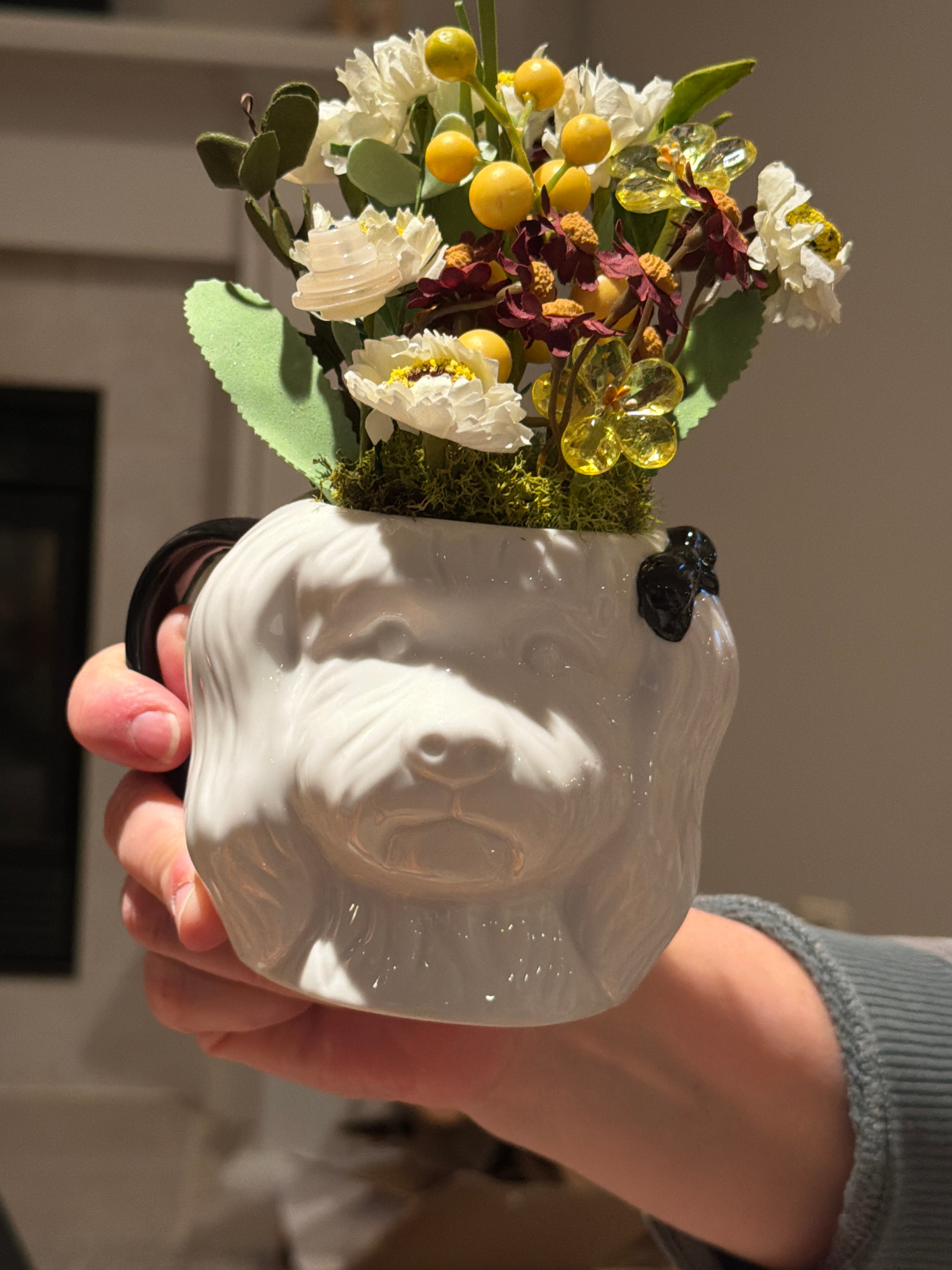 Shabby-Chic Dog Head Planter with Faux Wildflowers