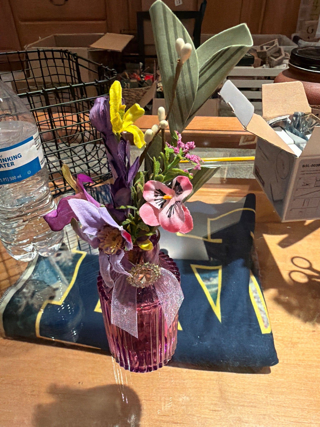 Enchanted Orchid & Pansy" Faux Bouquet in Fluted Amethyst Glass Bud Vase
