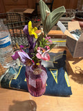 Enchanted Orchid & Pansy" Faux Bouquet in Fluted Amethyst Glass Bud Vase