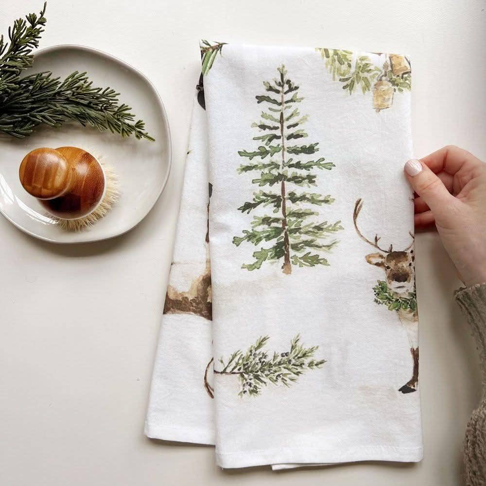 Evergreen christmas cotton flour sack tea towel