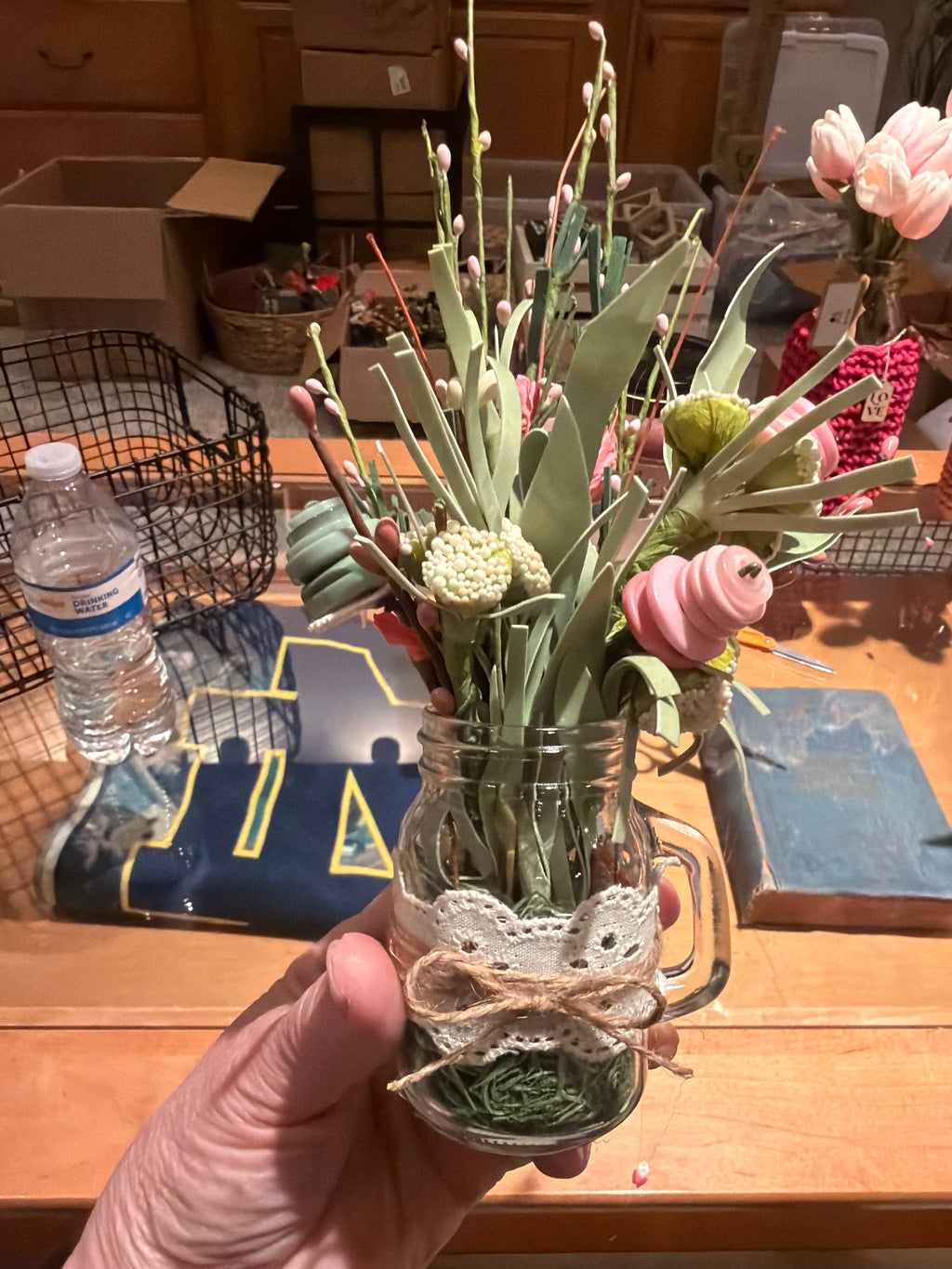 Rustic Floral Arrangement in Mini Glass Mason Jar with Lace and Twine Bow