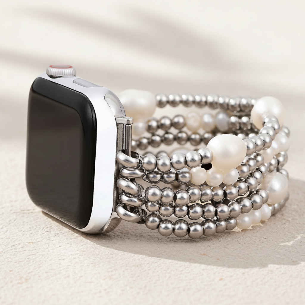 Pearl and Silver Stretch Apple Watch Strap