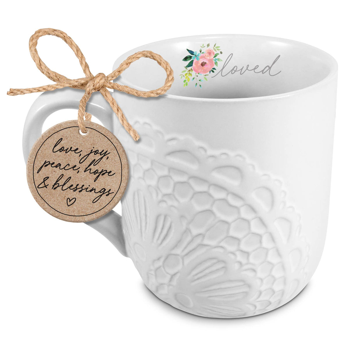 LCP Mug Lace Textured Loved White 16 Oz.