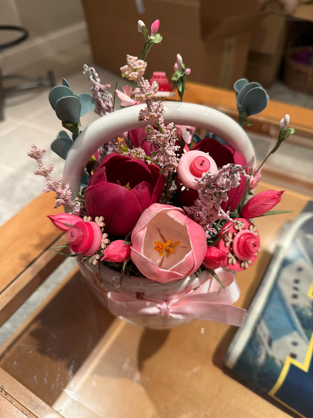 Ceramic Gingham Easter Basket Planter | Pink Tulip & Button Flower Arrangement