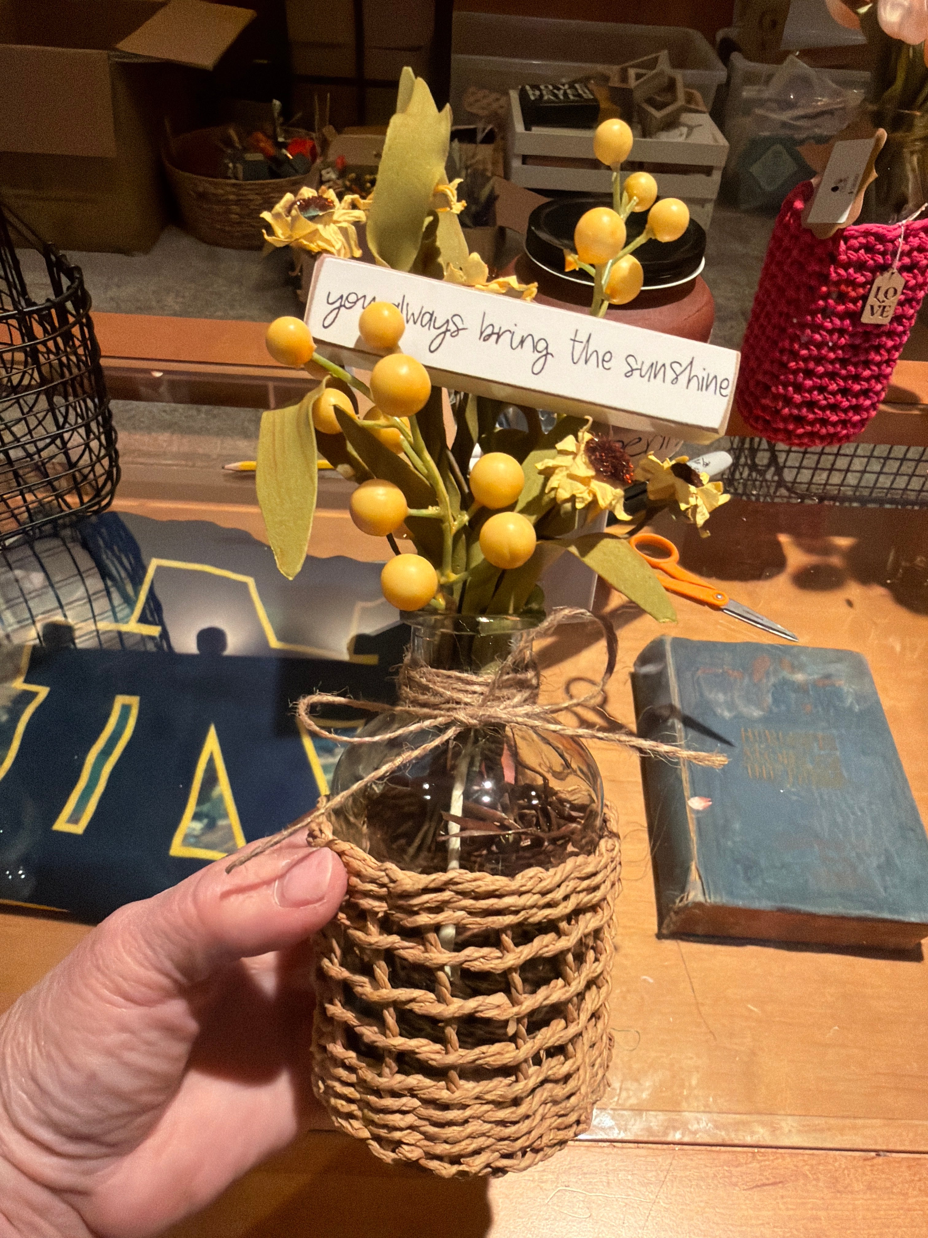 Sunny Yellow Berry &amp; Sunflower Farmhouse Arrangement – Rustic Home Accent