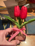 Vibrant Red Faux Tulips in mini red Glass Vase with Gingham Bow Accent