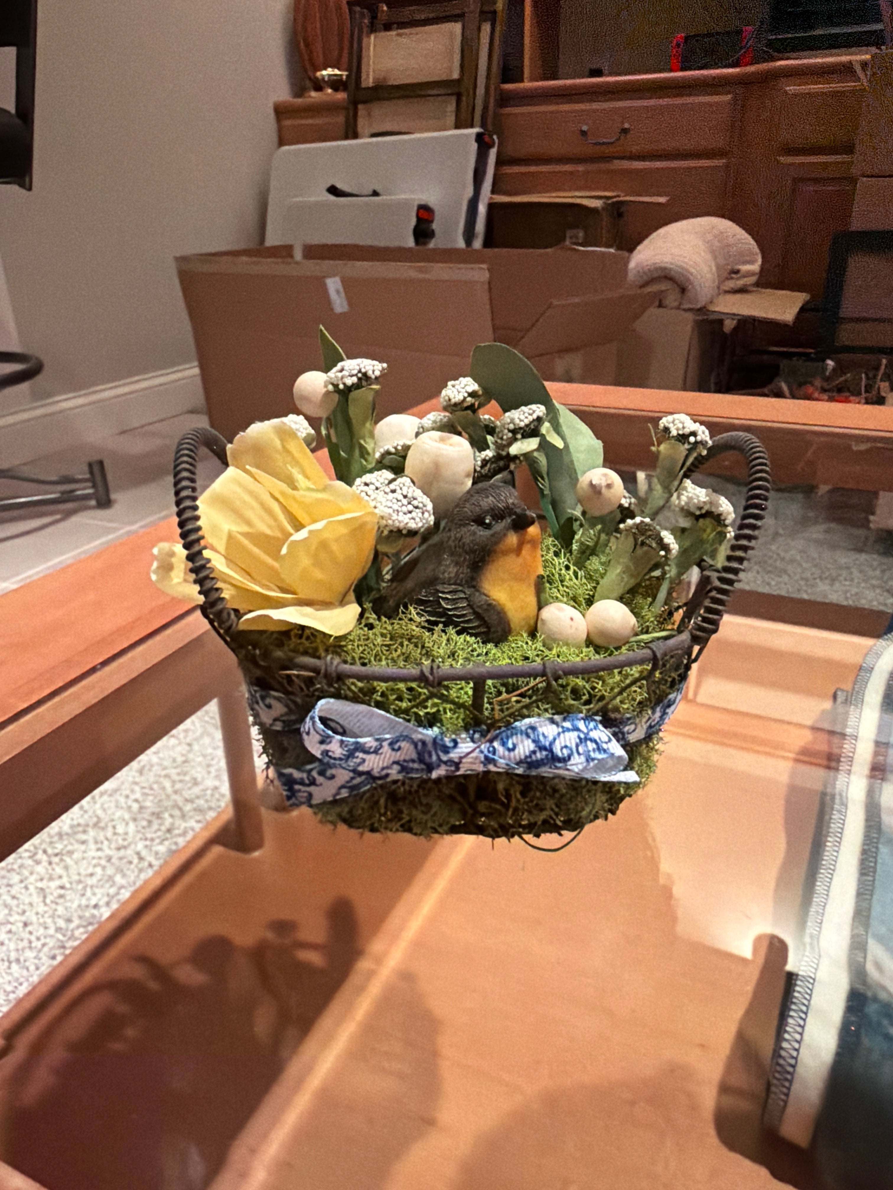 Rustic Wire Nest Basket Arrangement | Faux Bird, Eggs, Yellow Rose & Green Moss
