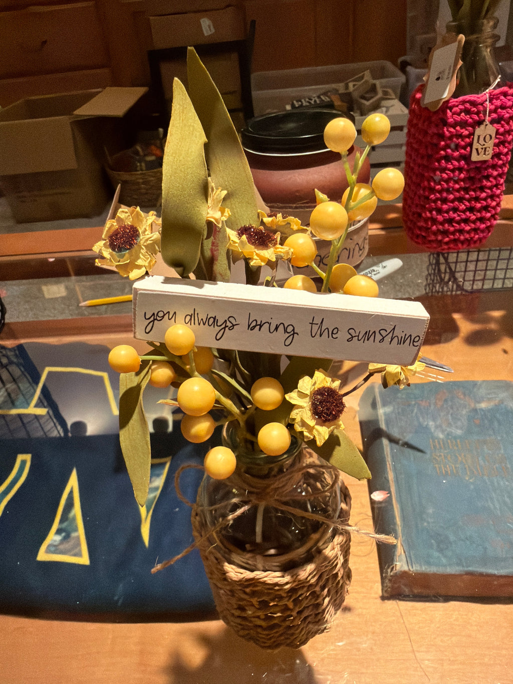 Sunny Yellow Berry &amp; Sunflower Farmhouse Arrangement – Rustic Home Accent