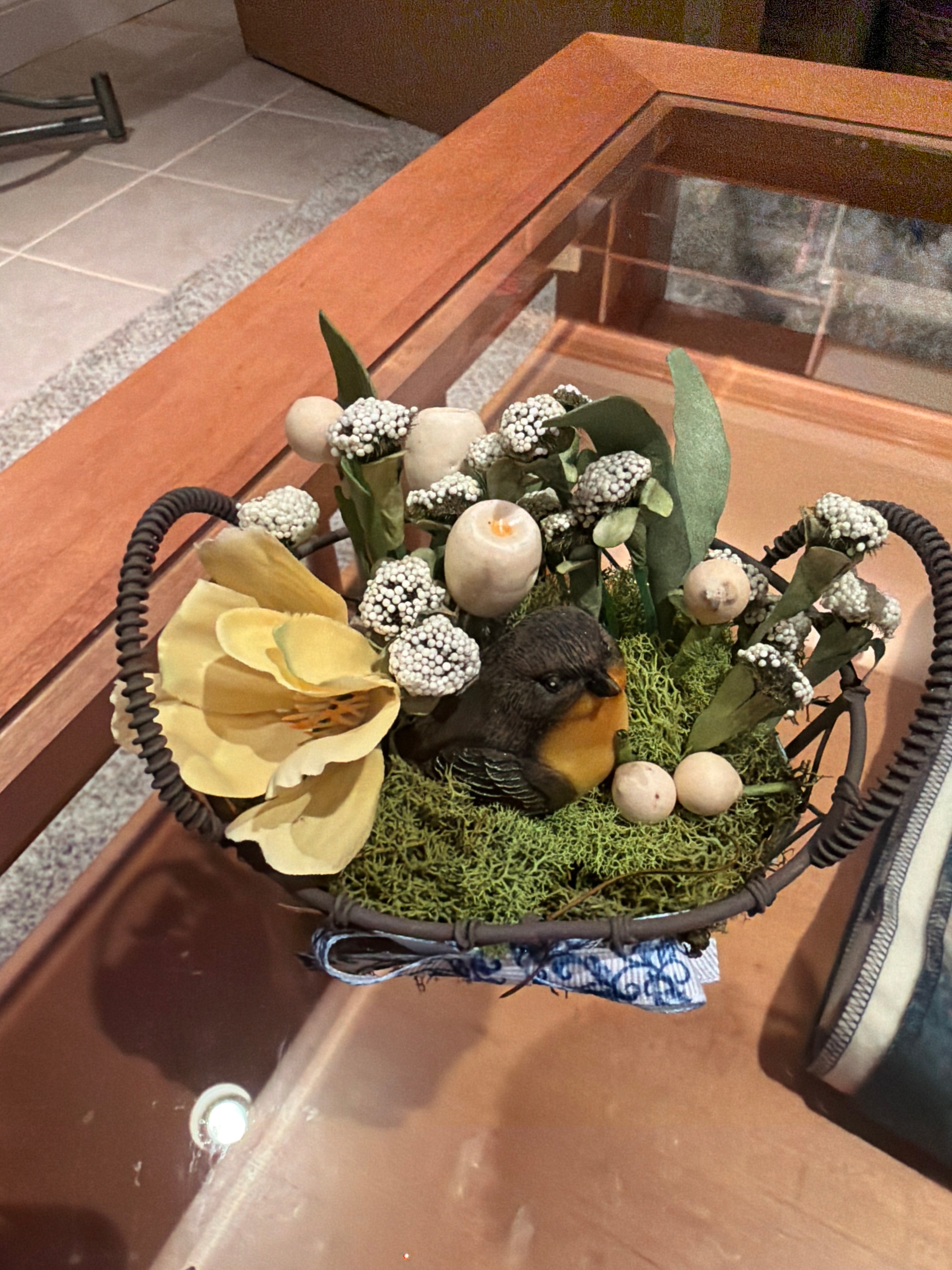 Rustic Wire Nest Basket Arrangement | Faux Bird, Eggs, Yellow Rose & Green Moss