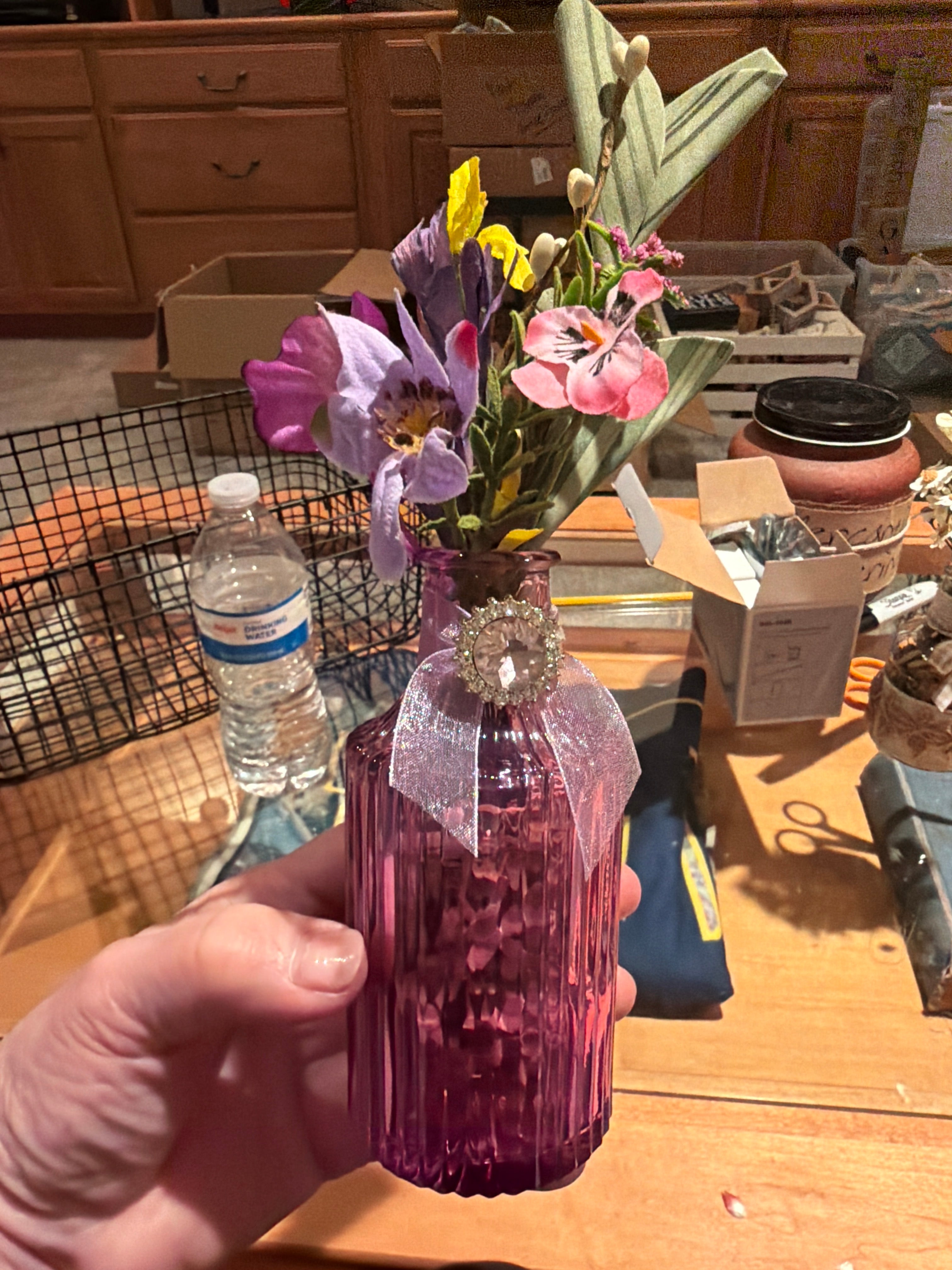 Enchanted Orchid & Pansy" Faux Bouquet in Fluted Amethyst Glass Bud Vase