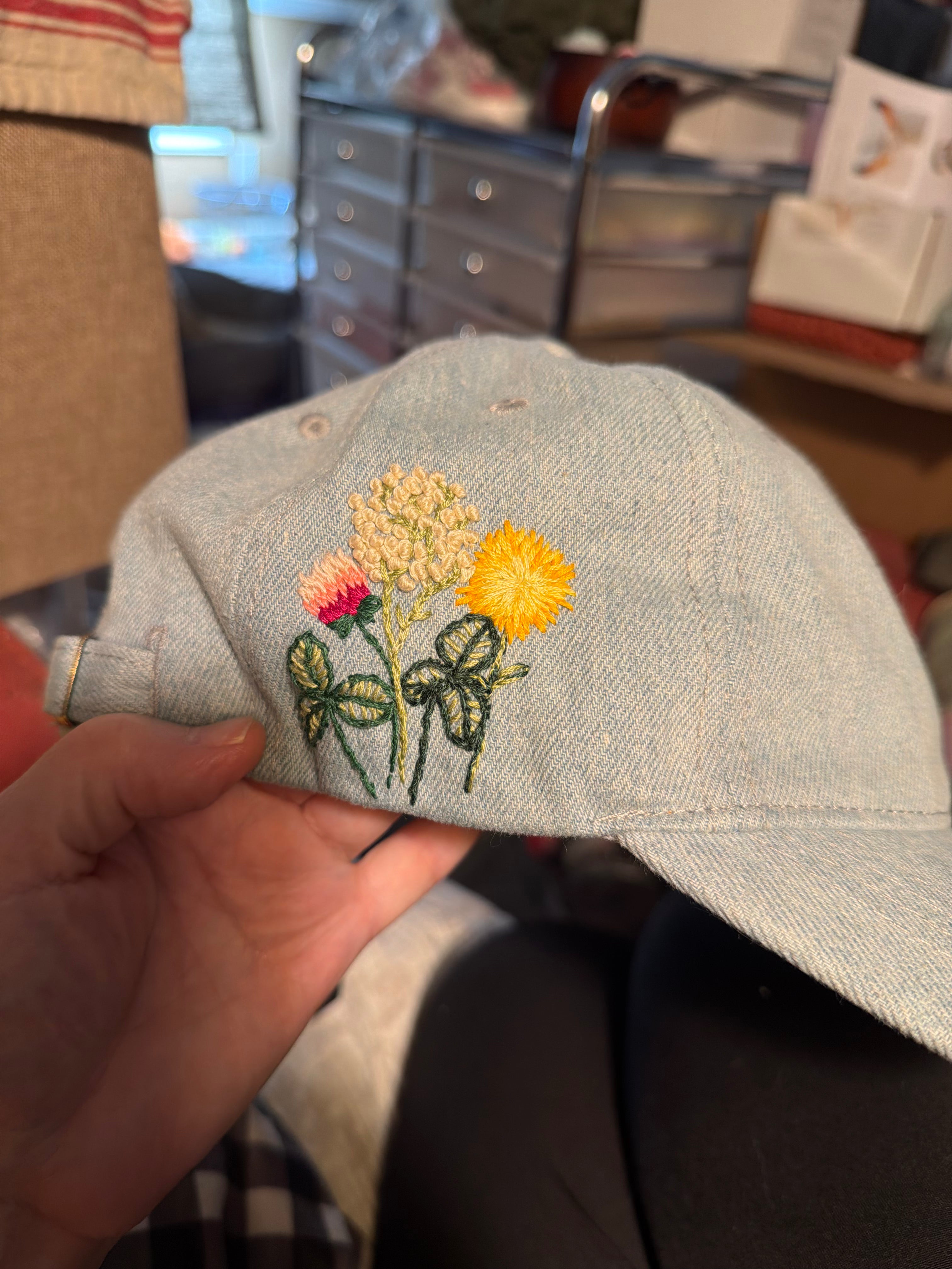 Hand Embroidered ball cap - denim variations