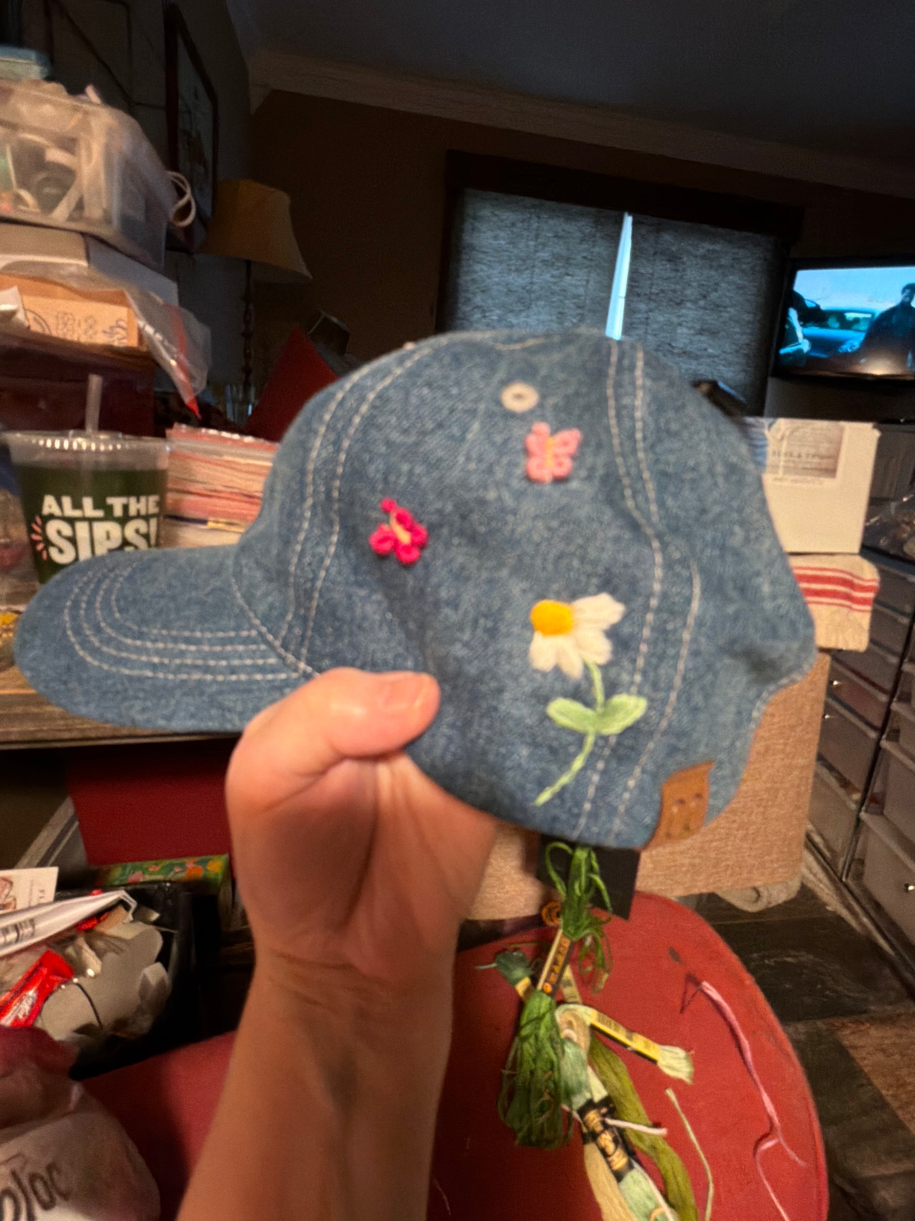 Hand Embroidered ball cap - denim variations