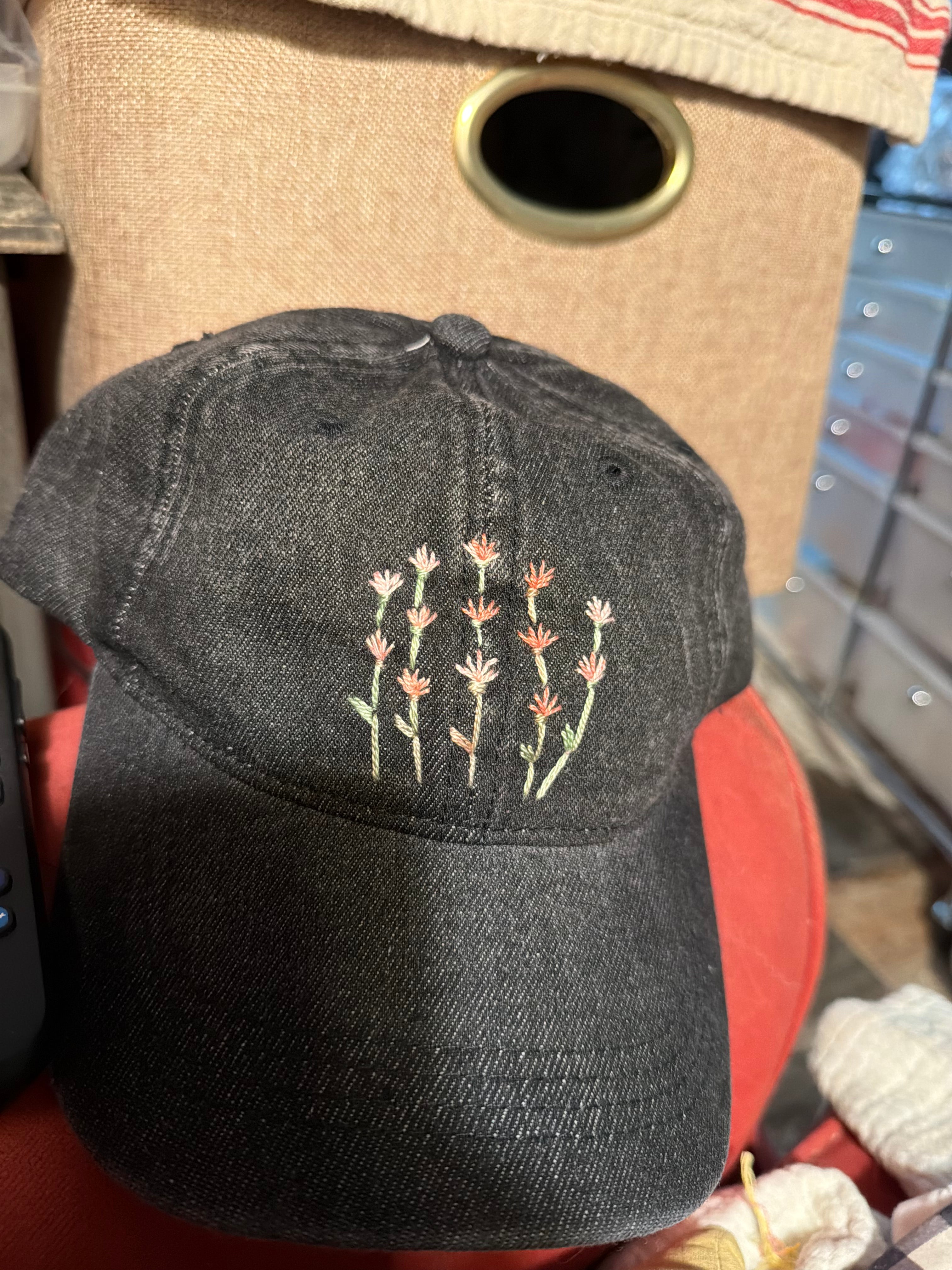 Hand Embroidered ball cap - denim variations