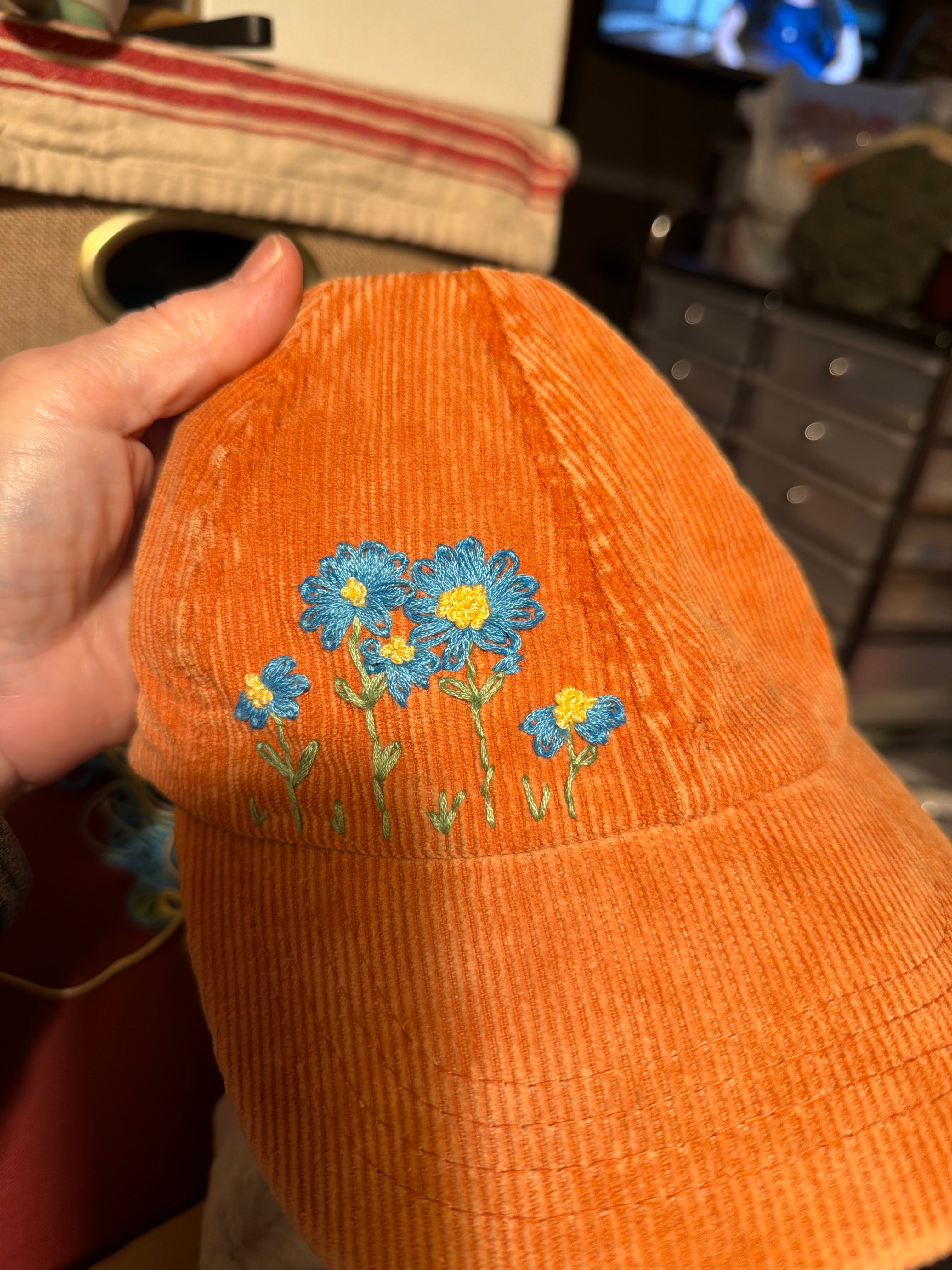 Hand Embroidered ball cap - stone washed corduroy colors