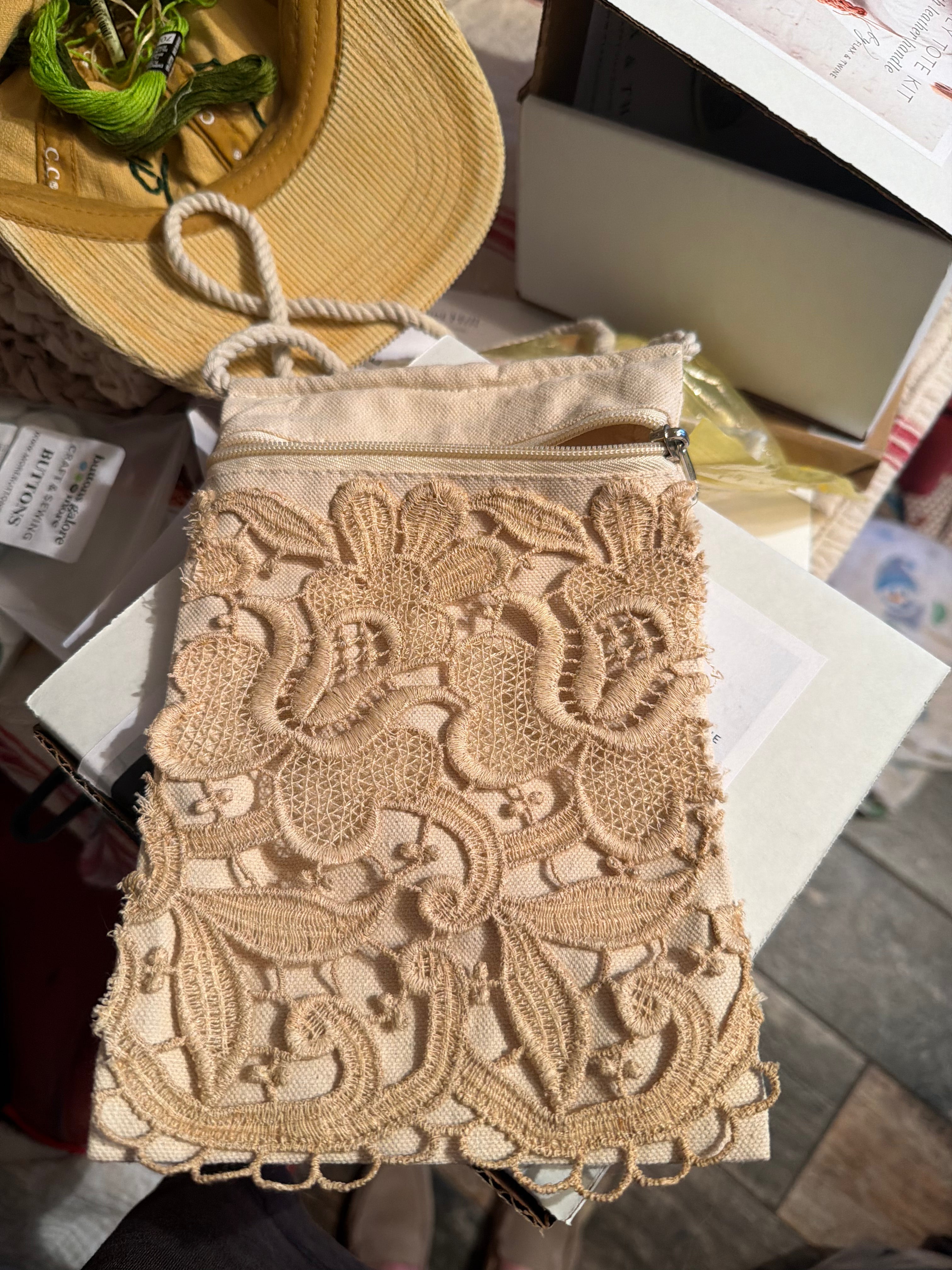 Cross Body Purses with hand sewn doily decor - tan appliqué