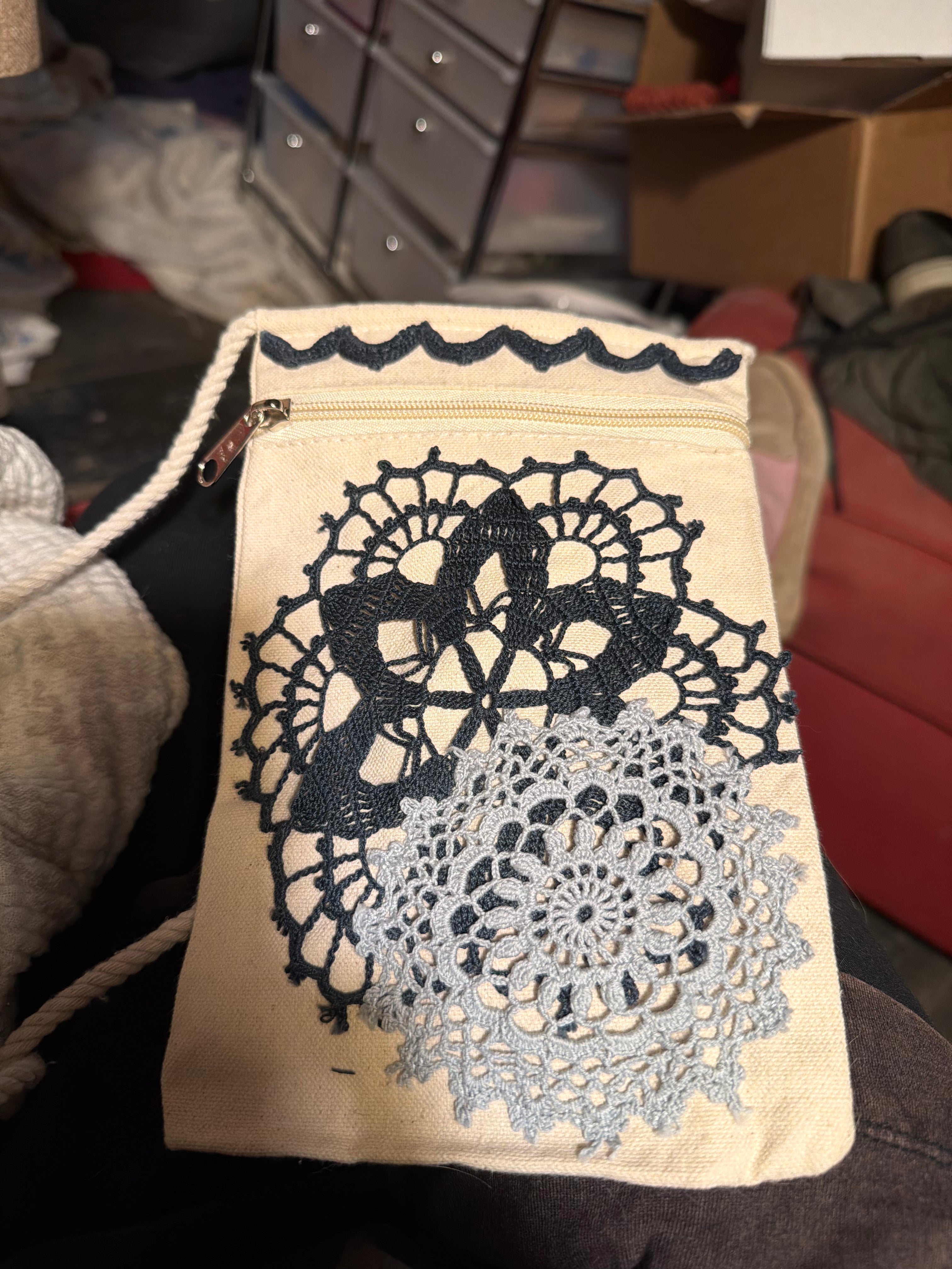 Cross Body Purses with hand sewn doily decor - blue colors