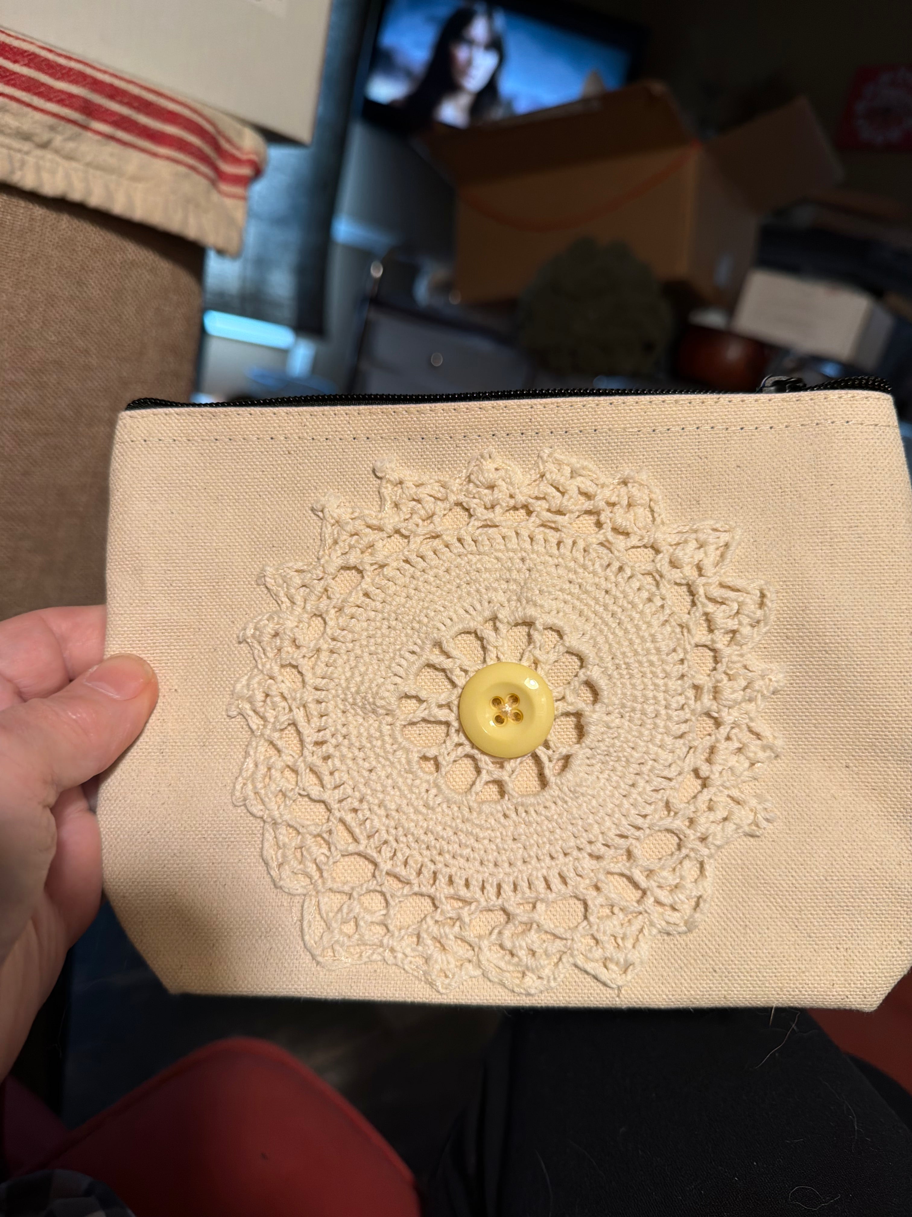 Medium cosmetic bag with hand sewn doilies black zipper