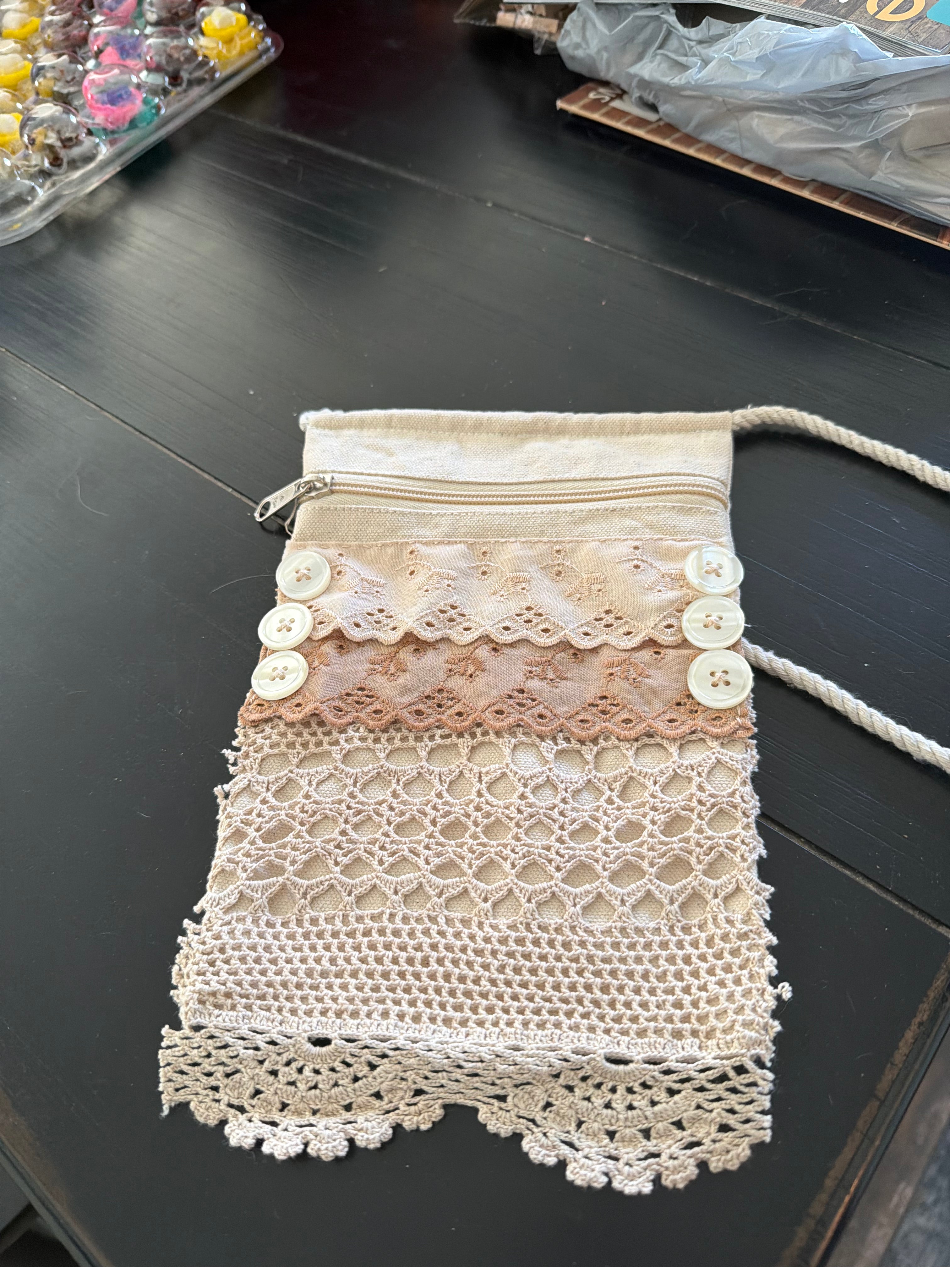 Cross Body Purses with hand sewn doily decor - with buttons