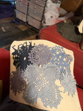 Large cosmetic bag with hand sewn doily decor - Blues