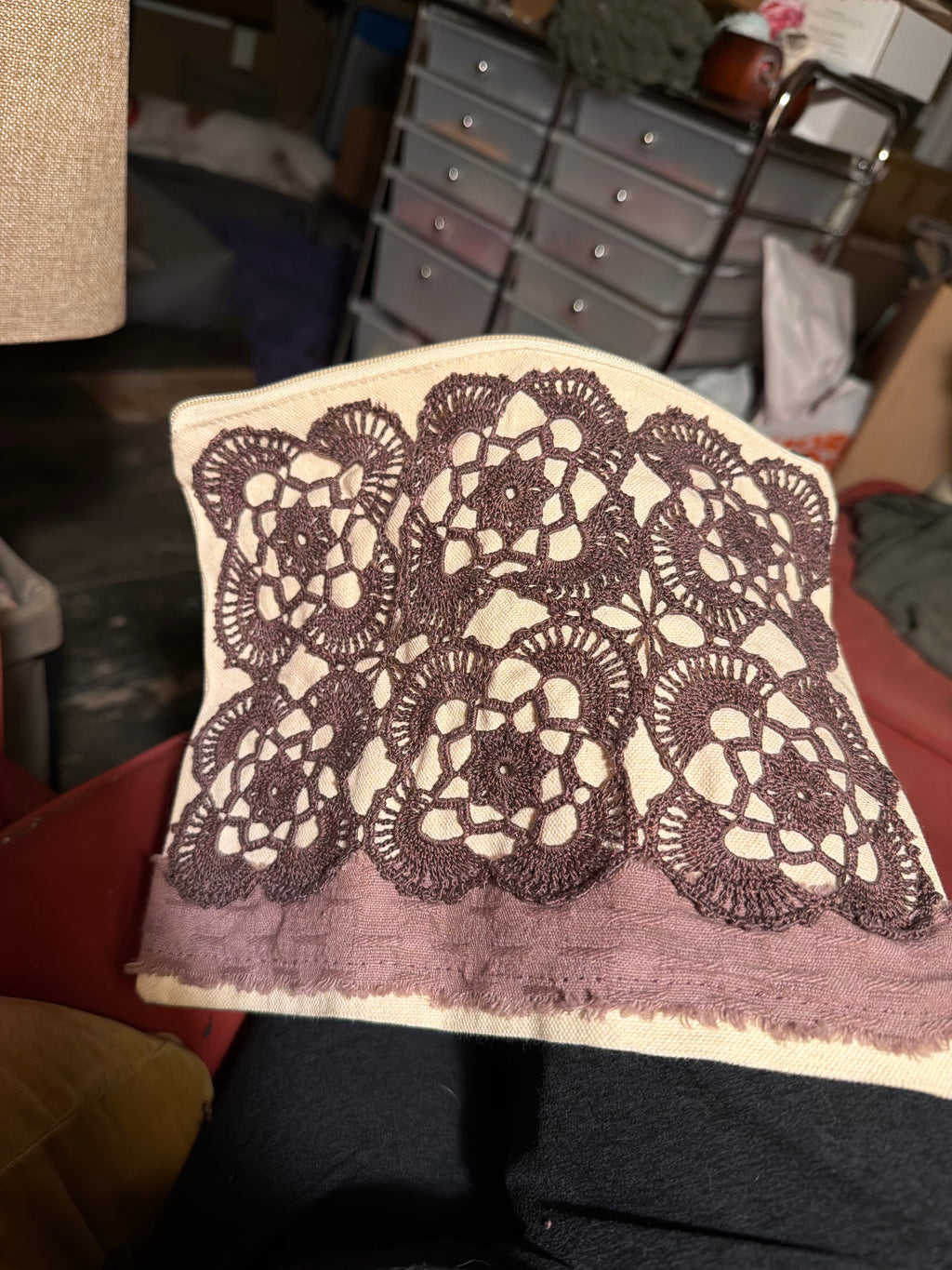 Large cosmetic bag with hand sewn doily decor