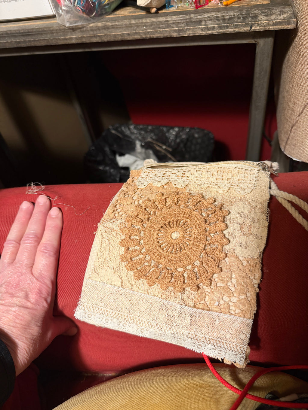 Cross Body Purses with hand sewn doily decor - brown tones