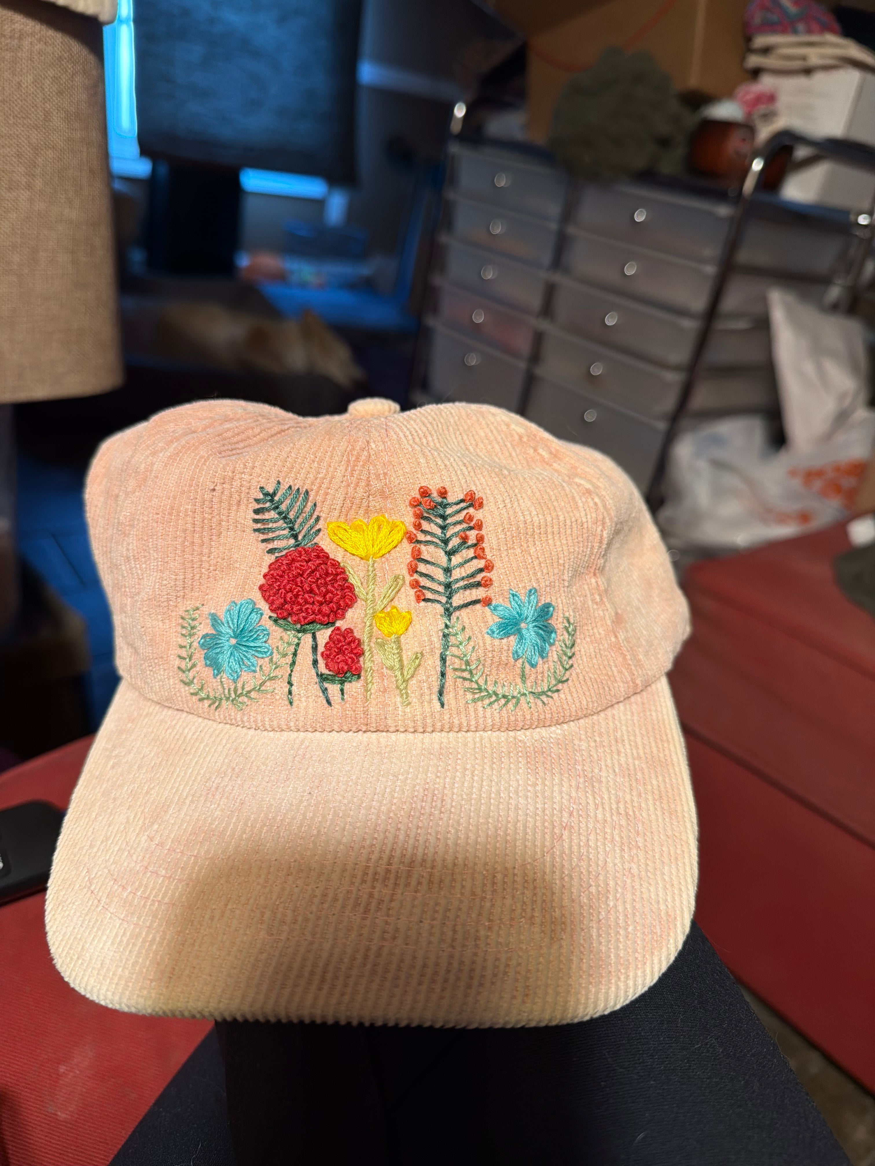 Hand Embroidered ball cap - stone washed corduroy colors