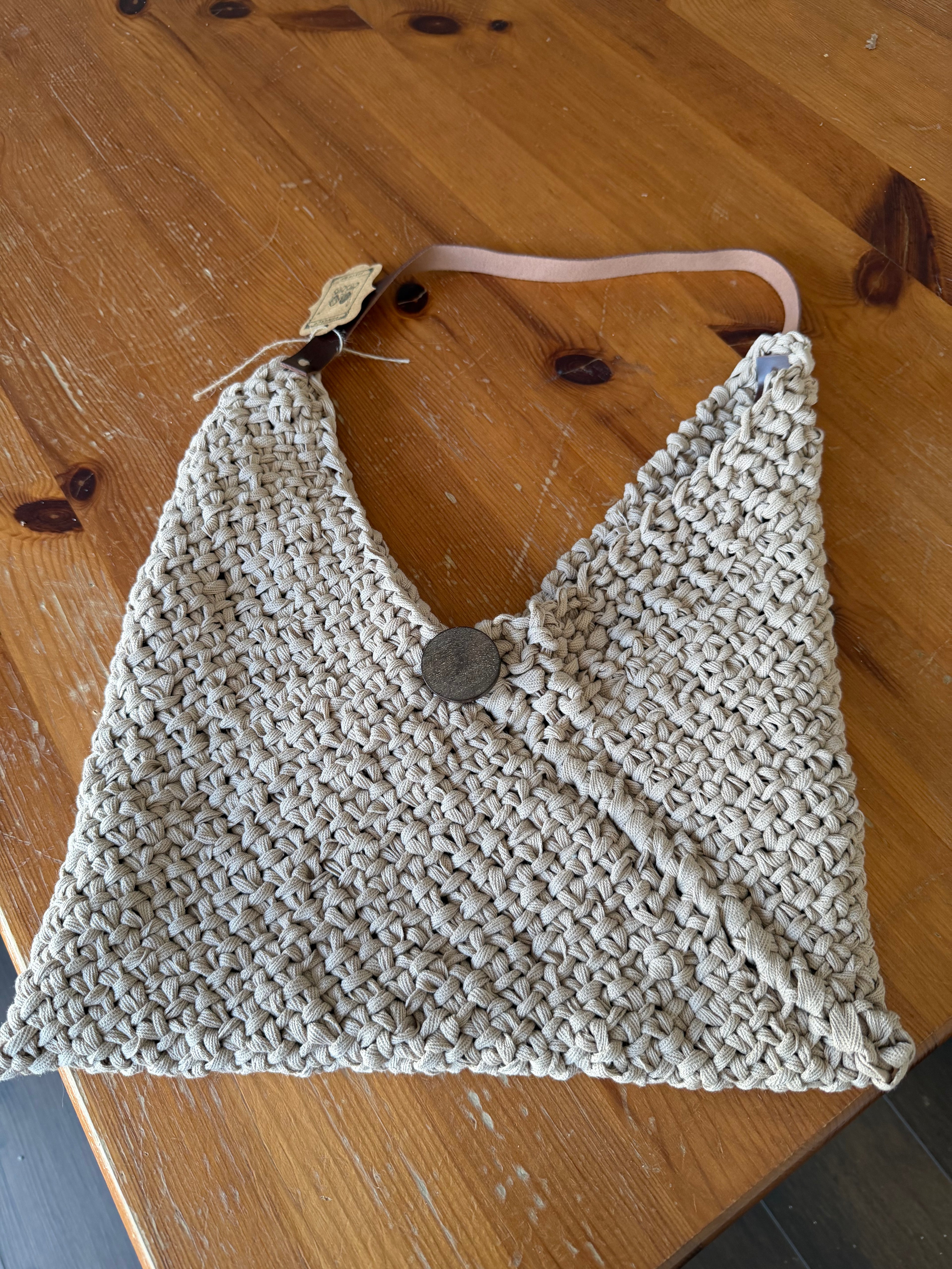 Handmade knitted taupe purse with leather strap