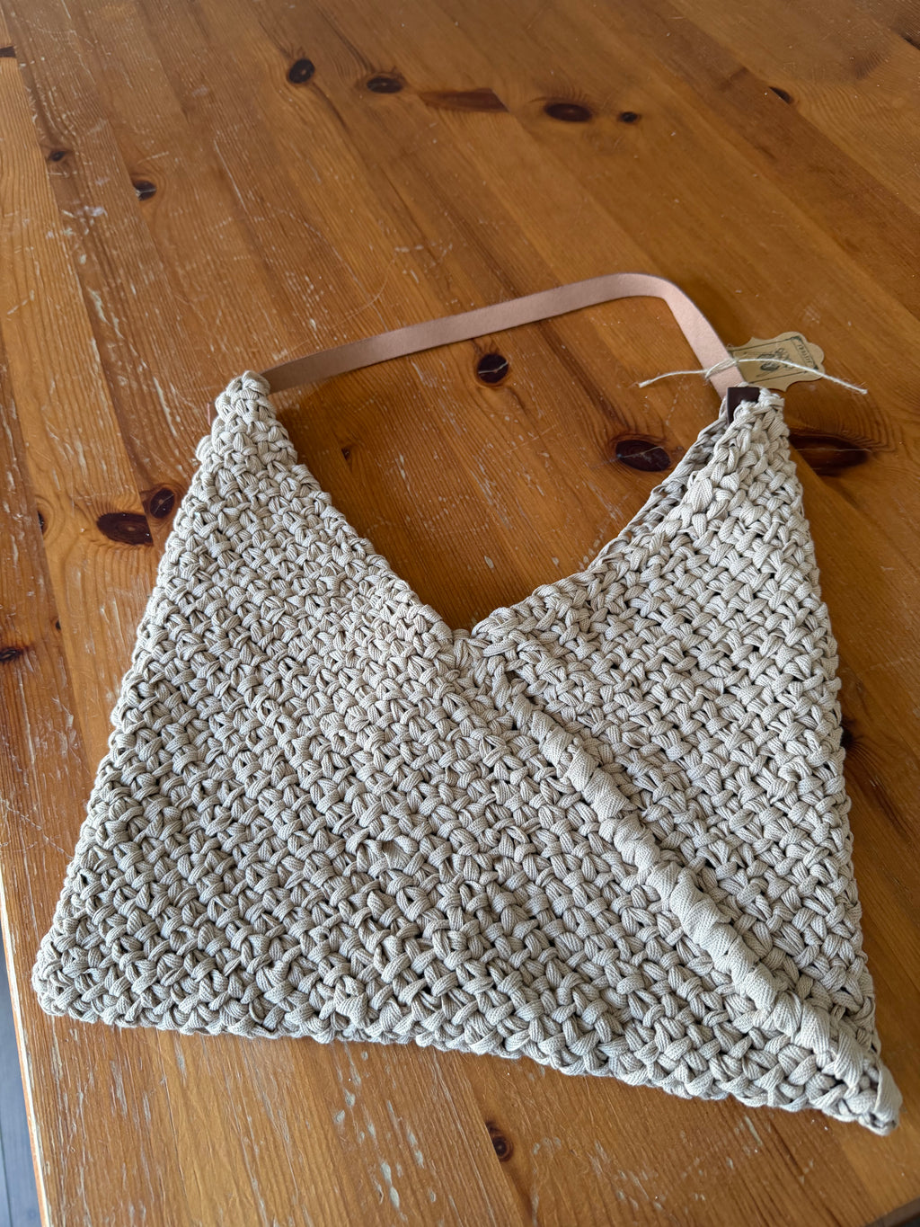 Handmade knitted taupe purse with leather strap