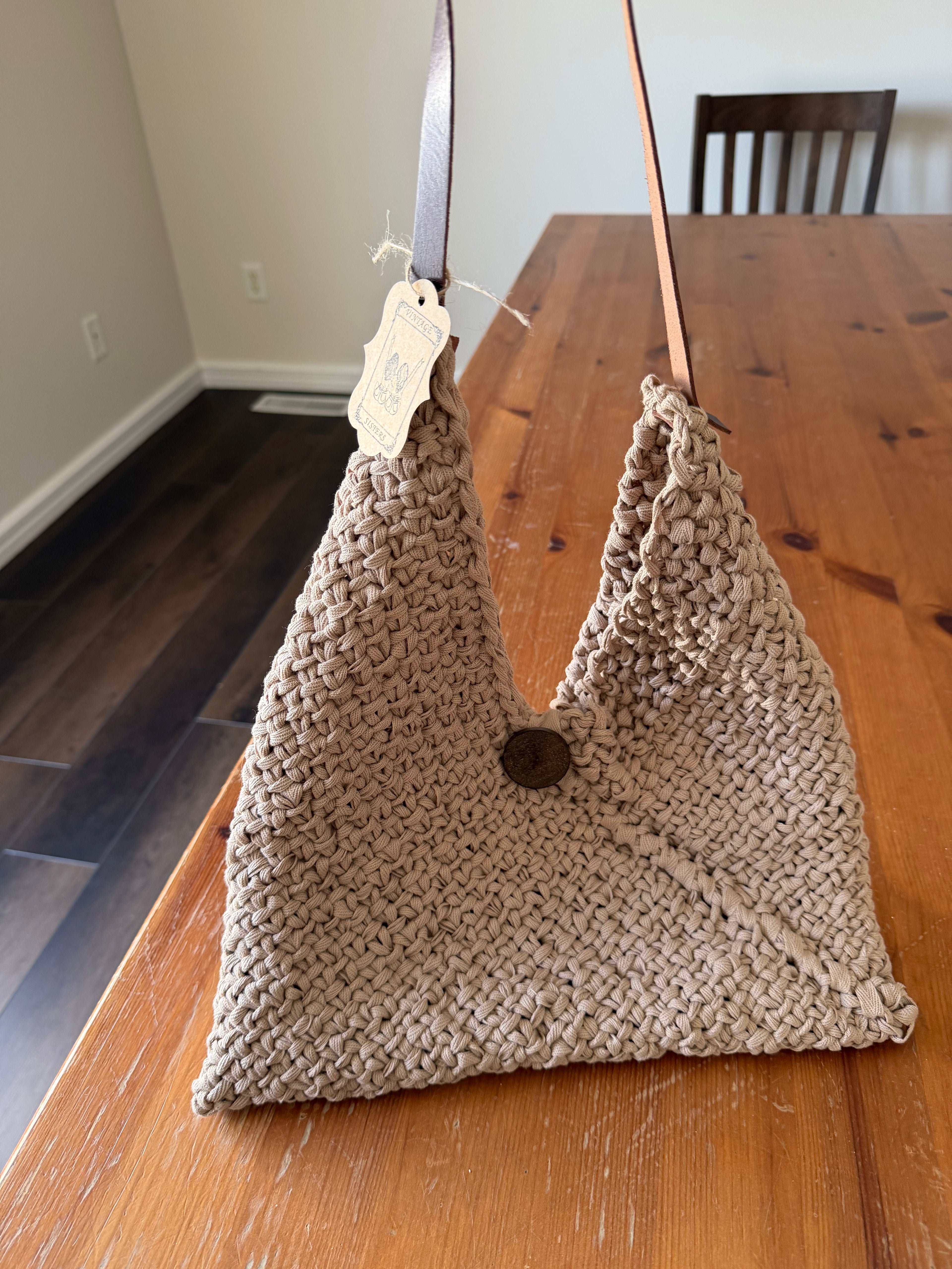 Handmade knitted taupe purse with leather strap