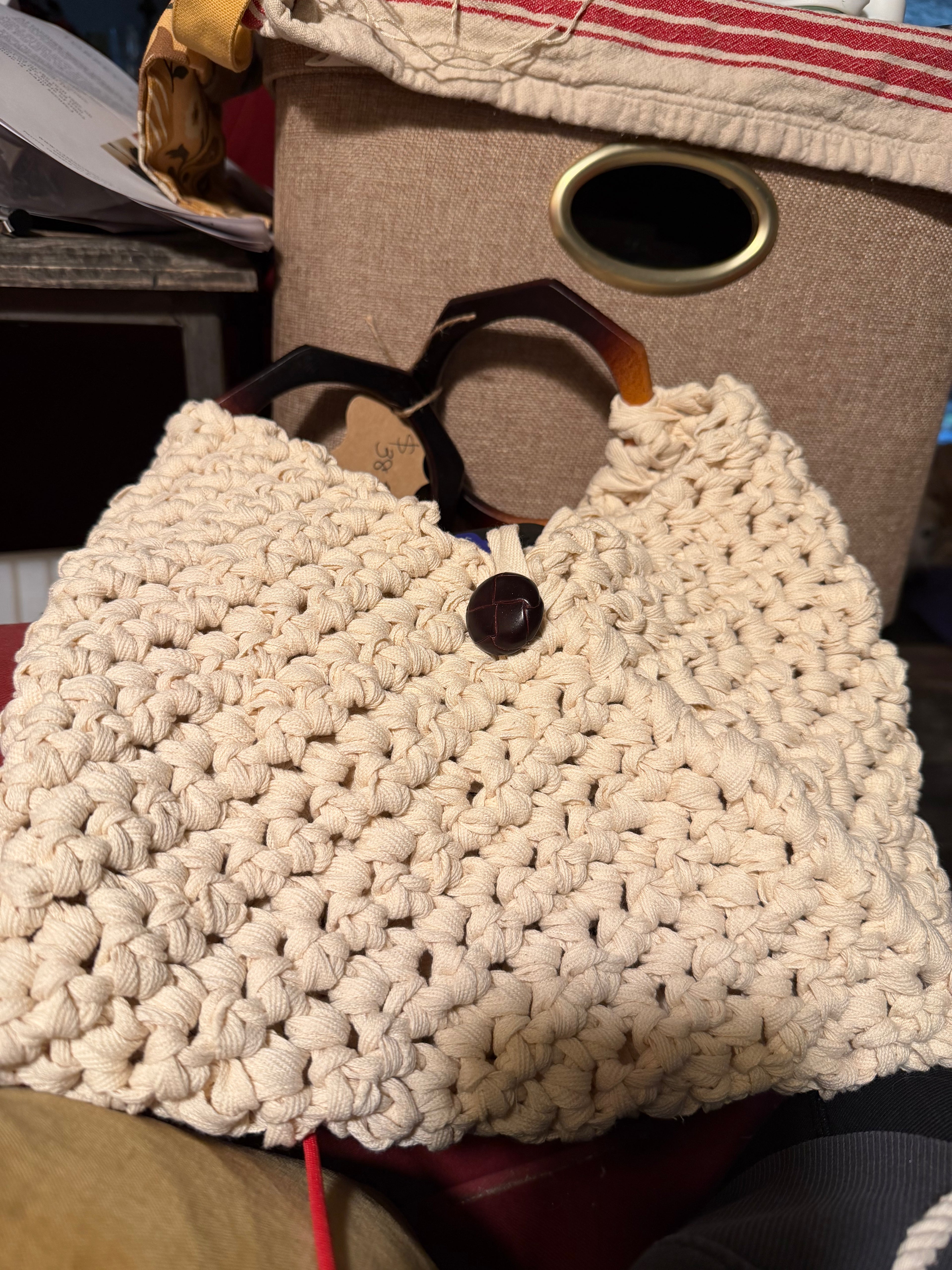 Handmade crocheted ecru purse with wood handles