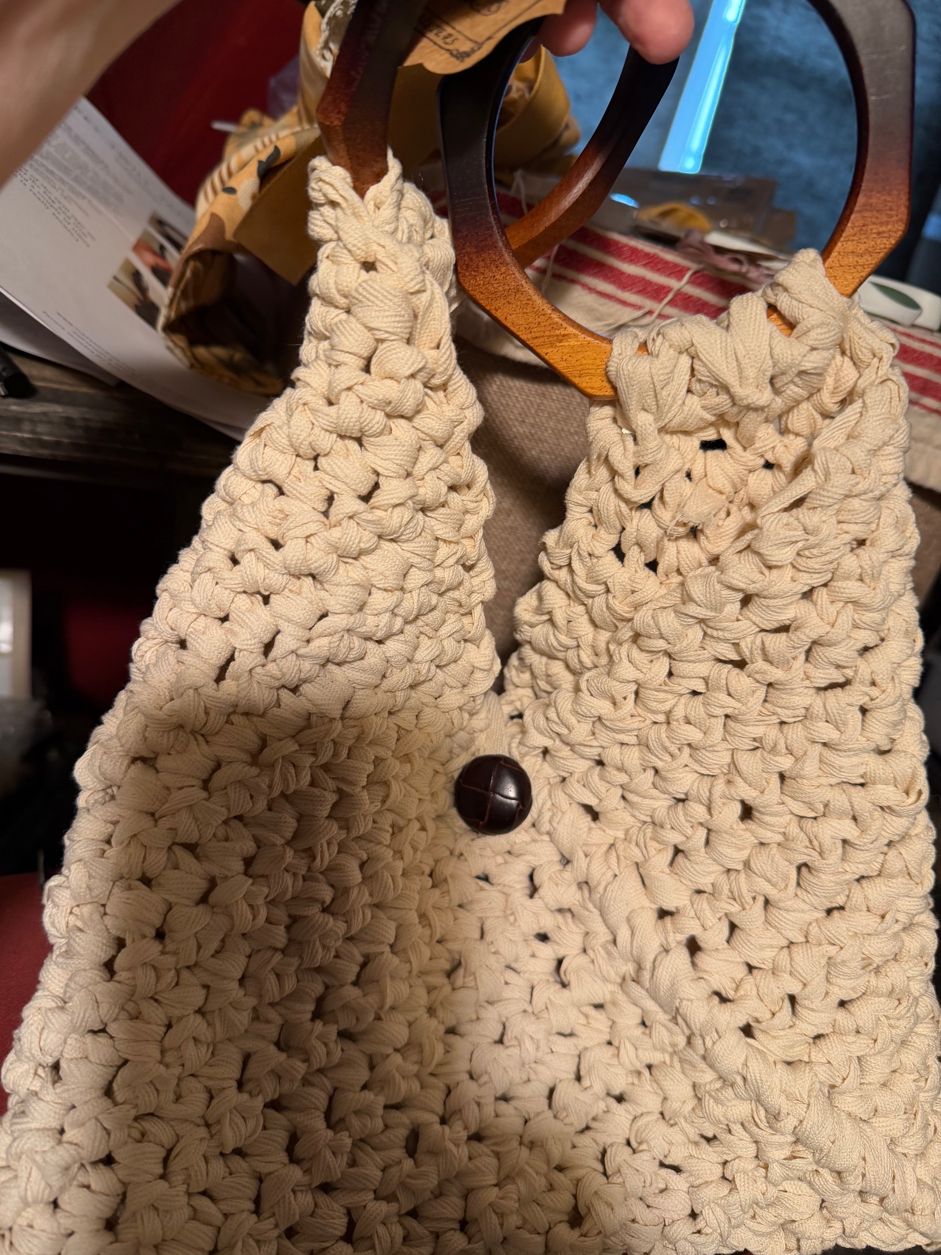 Handmade crocheted ecru purse with wood handles