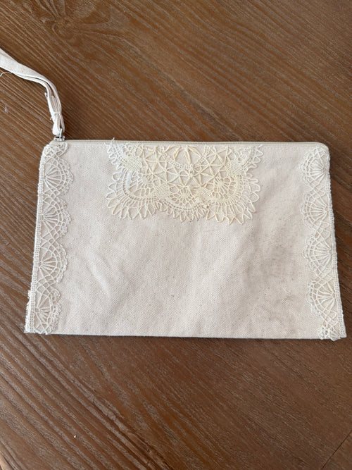 2 sided Handbag with strap - hand sewn doily decoration on both sides!