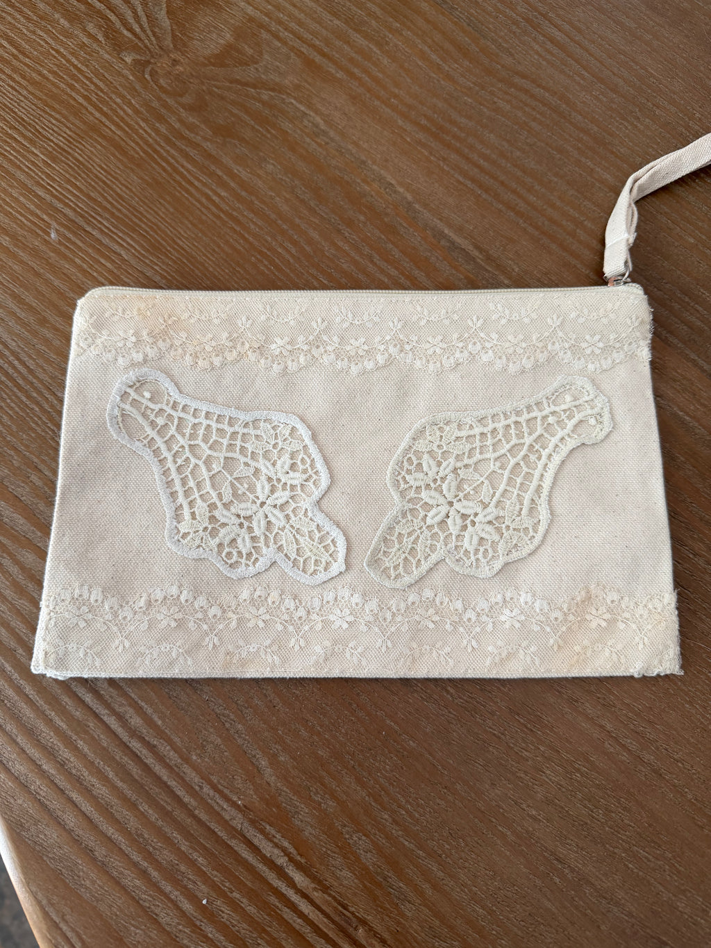 2 sided Handbag with strap - hand sewn doily decoration on both sides!