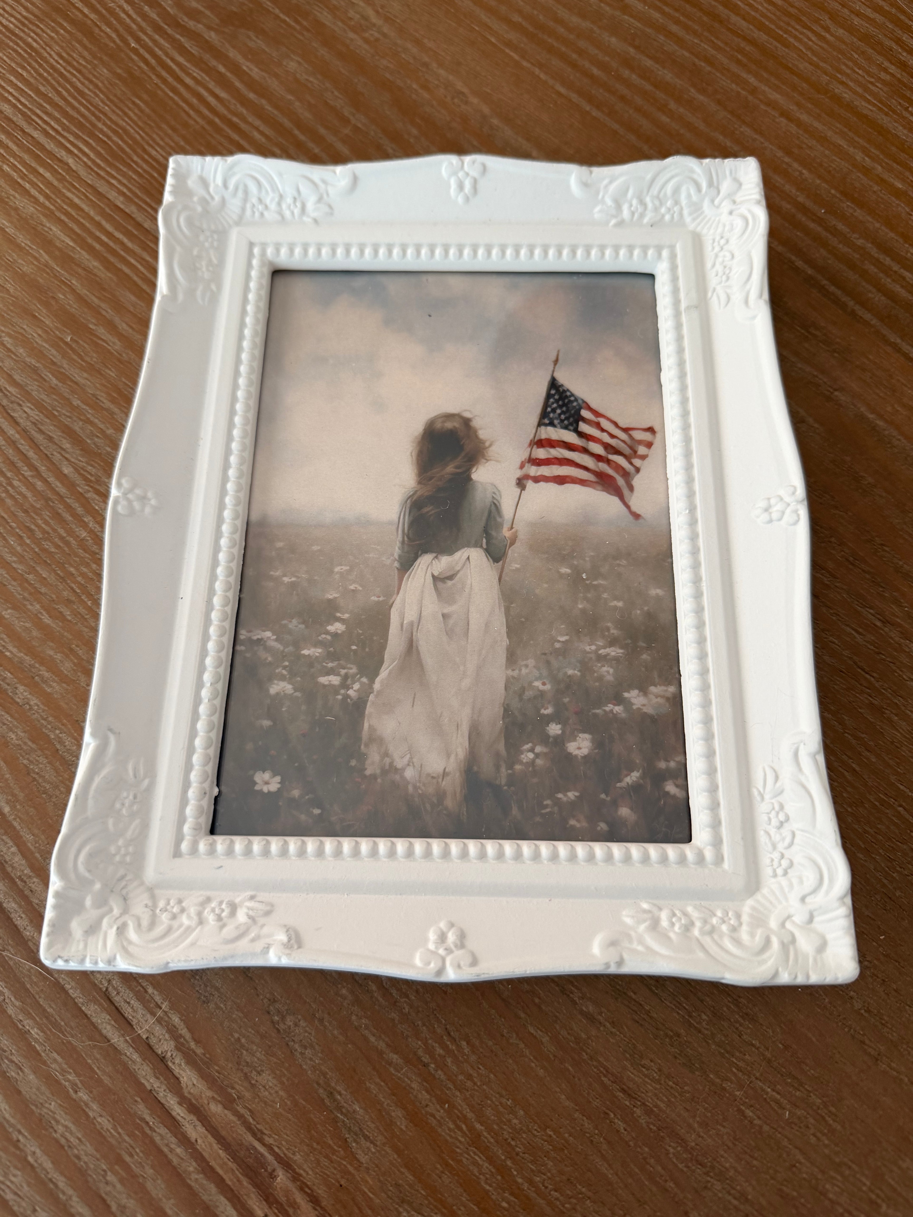 5 x 7 Girl with Flag print - in white frame