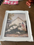 8 x 10 white house with hydrangeas and flag - black or white frame