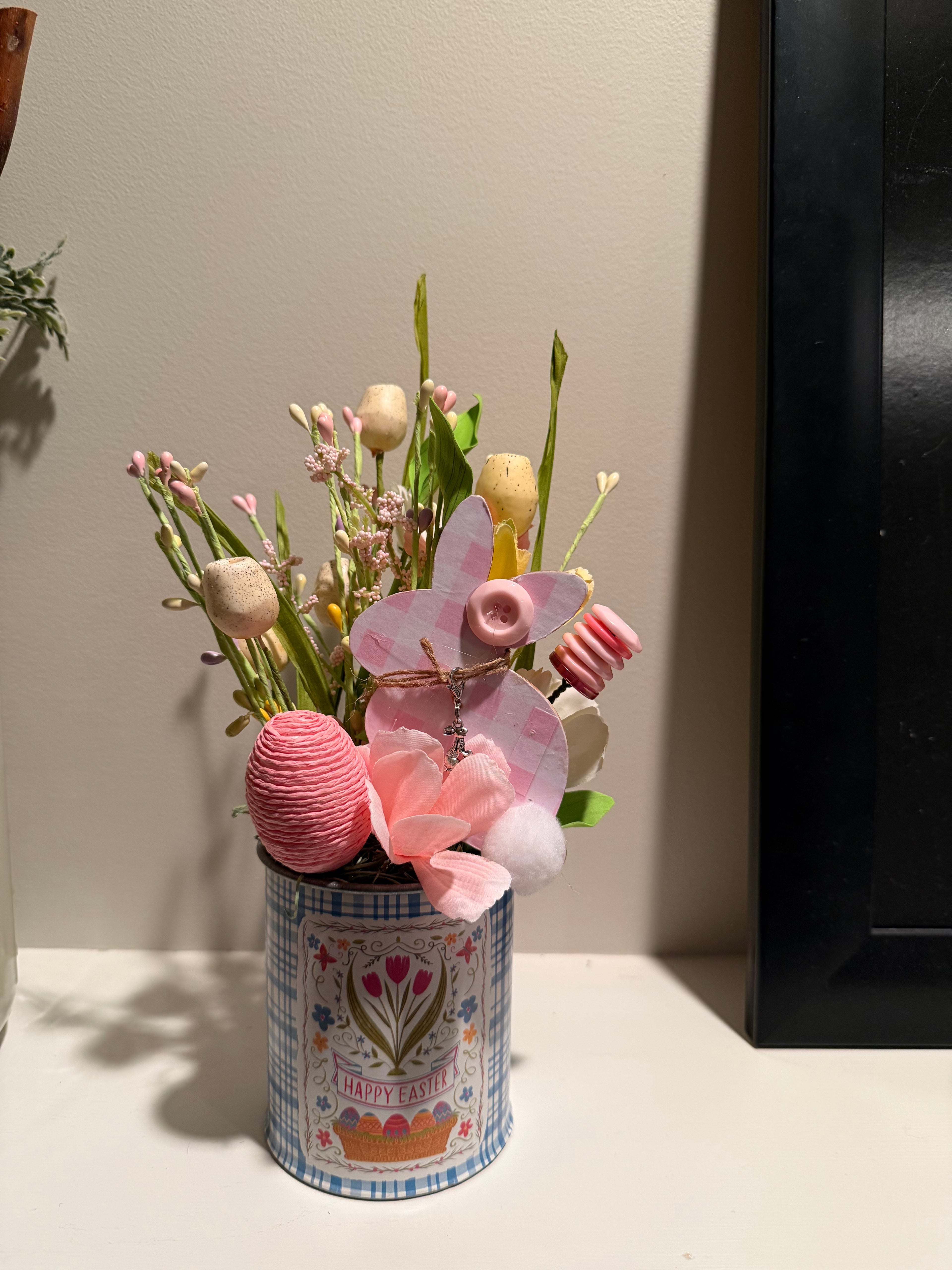 Happy Easter arrangement with pink gingham bunny